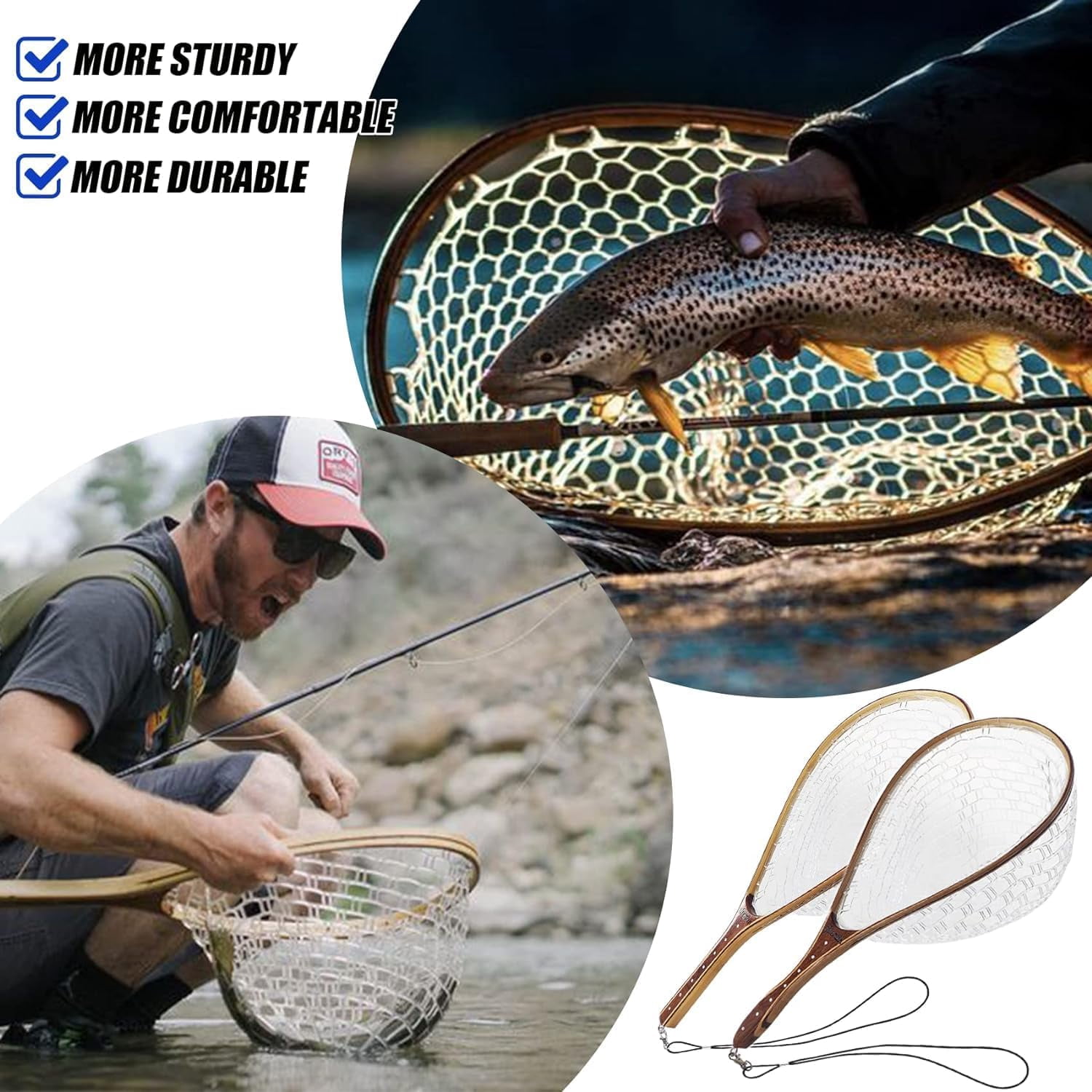 Fly Fishing Net Landing Net Wooden Net Soft Rubber Mesh Trout Net Freshwater Saltwater Fishing Net with Safety Cord Net Gifts for Father Men
