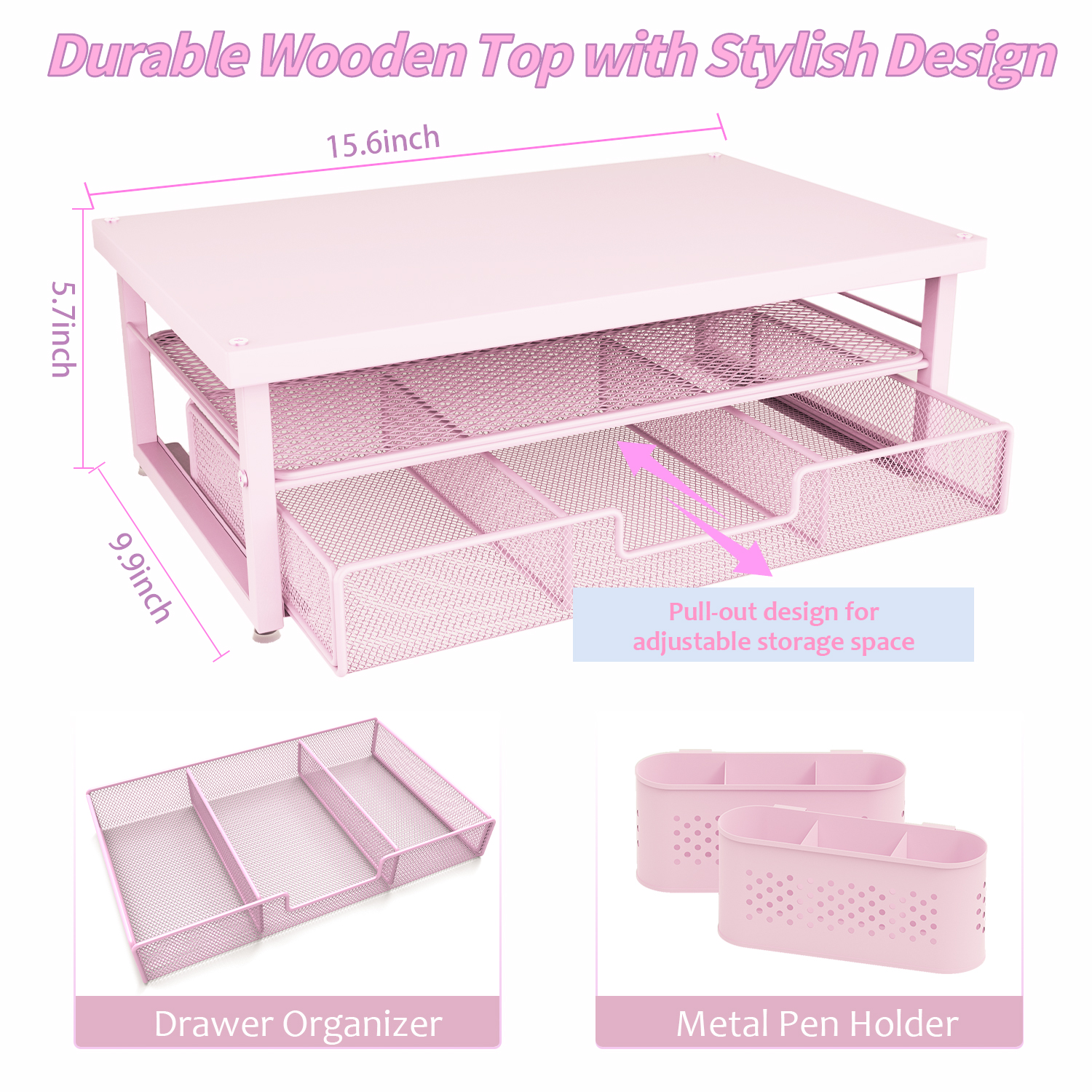 MEHOOM Desk Organizer, 3-Tier Monitor Stand with Storage and 2 Pen Holder, Laptop Stand, Office Desk Accessories for Office Supplies, Pink