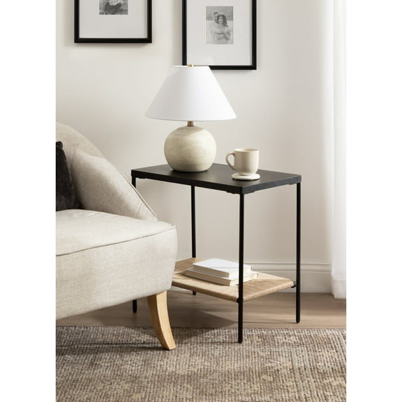 Kate and Laurel Mandell Modern Rectangle Mango Wood and Woven Cord Side Table, 22 x 14 x 22, Black and Natural Cord, Rectangular End Table for Use as Bedroom Nightstand or Living Room Decor Accent