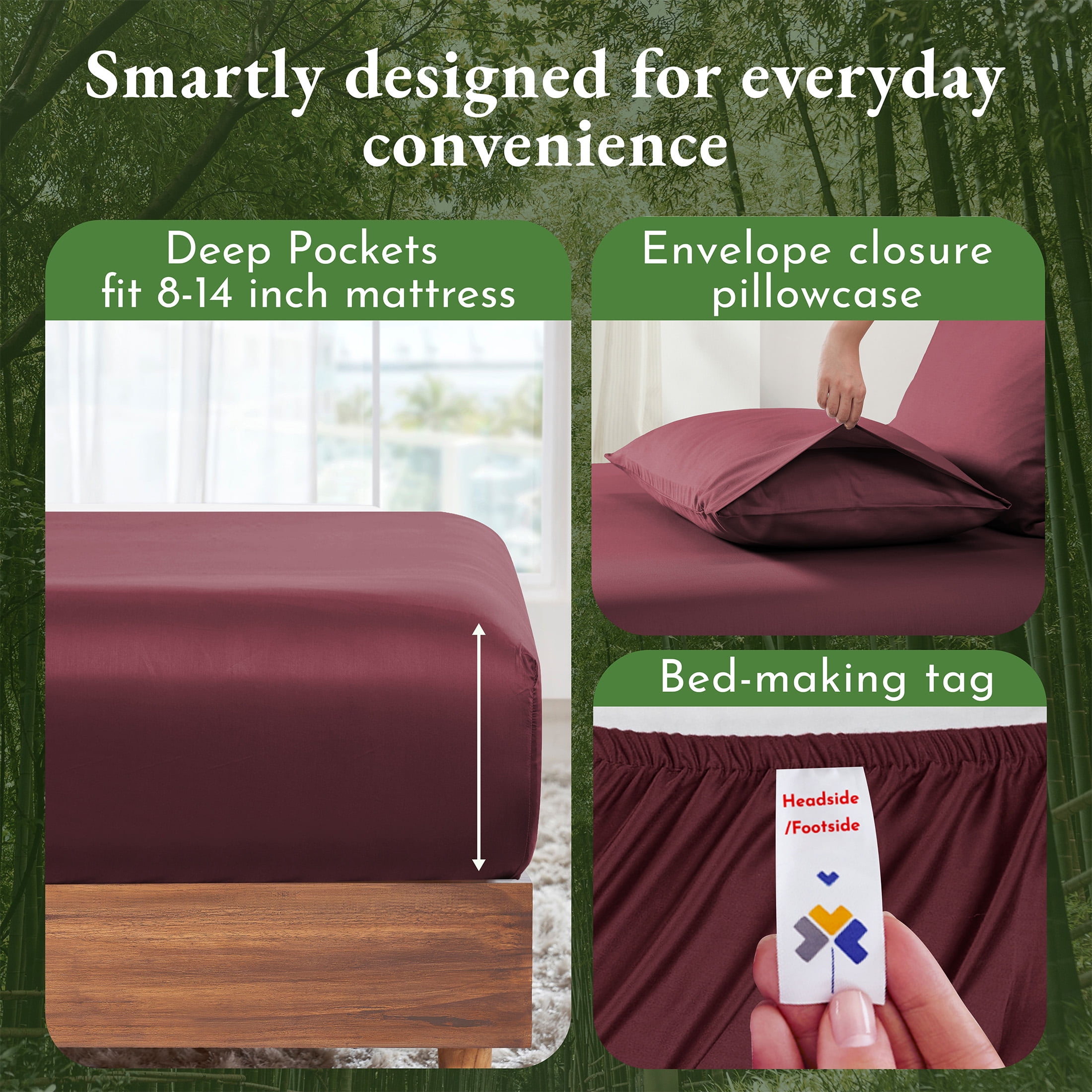 California Design Den Split King Sheets - Soft Rayon from Bamboo Sheets, Deep Pockets, 5 Piece Set with 2 Twin-XL Fitted Sheets, Burgundy
