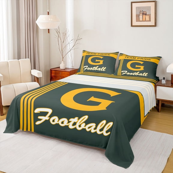 jejeloiu Kids Football Games Full Size Sheets For Ball Gamer,Yellow Green American City Bed Sheets For Boys,4-Piece