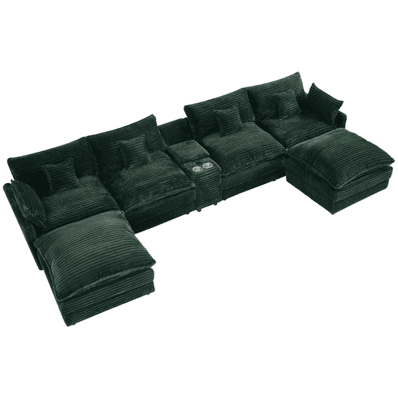Howcool 145" U Shaped Cloud Couch Modular Sectional Couches for Living Room,Comfy Fluffy Corduroy Oversized Cloud Sectional Couch Large 6 Seat Sectionals Sofa Set Central Console USB Port,Green