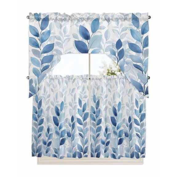 Blue Eucalyptus Leaves Kitchen Curtains Swag Valance and Tier Curtains Set 36 Inch Length, Farmhouse Botanical Plants Floral Rod Pocket Drape Panels Pair Swag Curtains for Bathroom/Cafe/Window