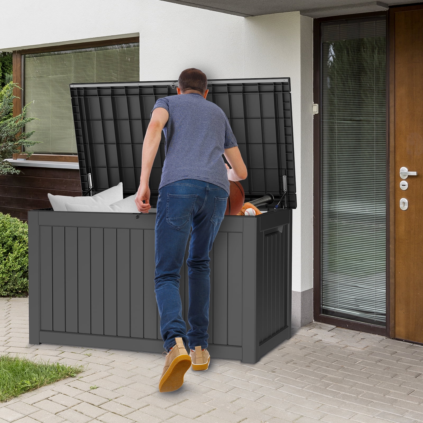 Miniyam 230 Gallon Resin Deck Box, Outdoor Storage Box, Gardening Tools, Lockable, Waterproof, Black