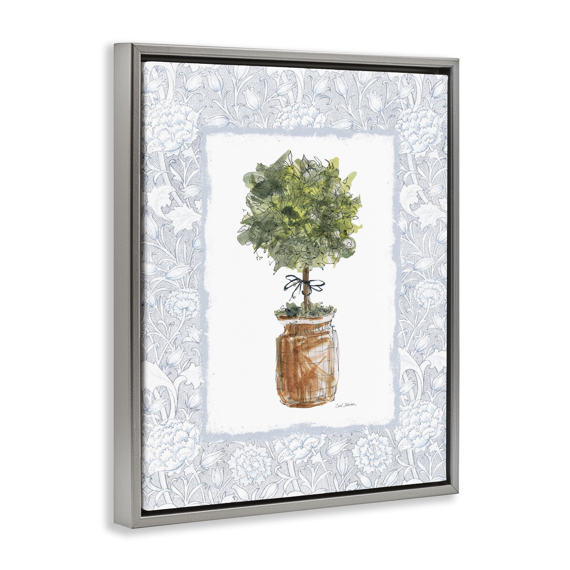 Stupell Industries Potted Topiary with Ribbon Gray Framed Floater Canvas Wall Art, design by Carol Robinson