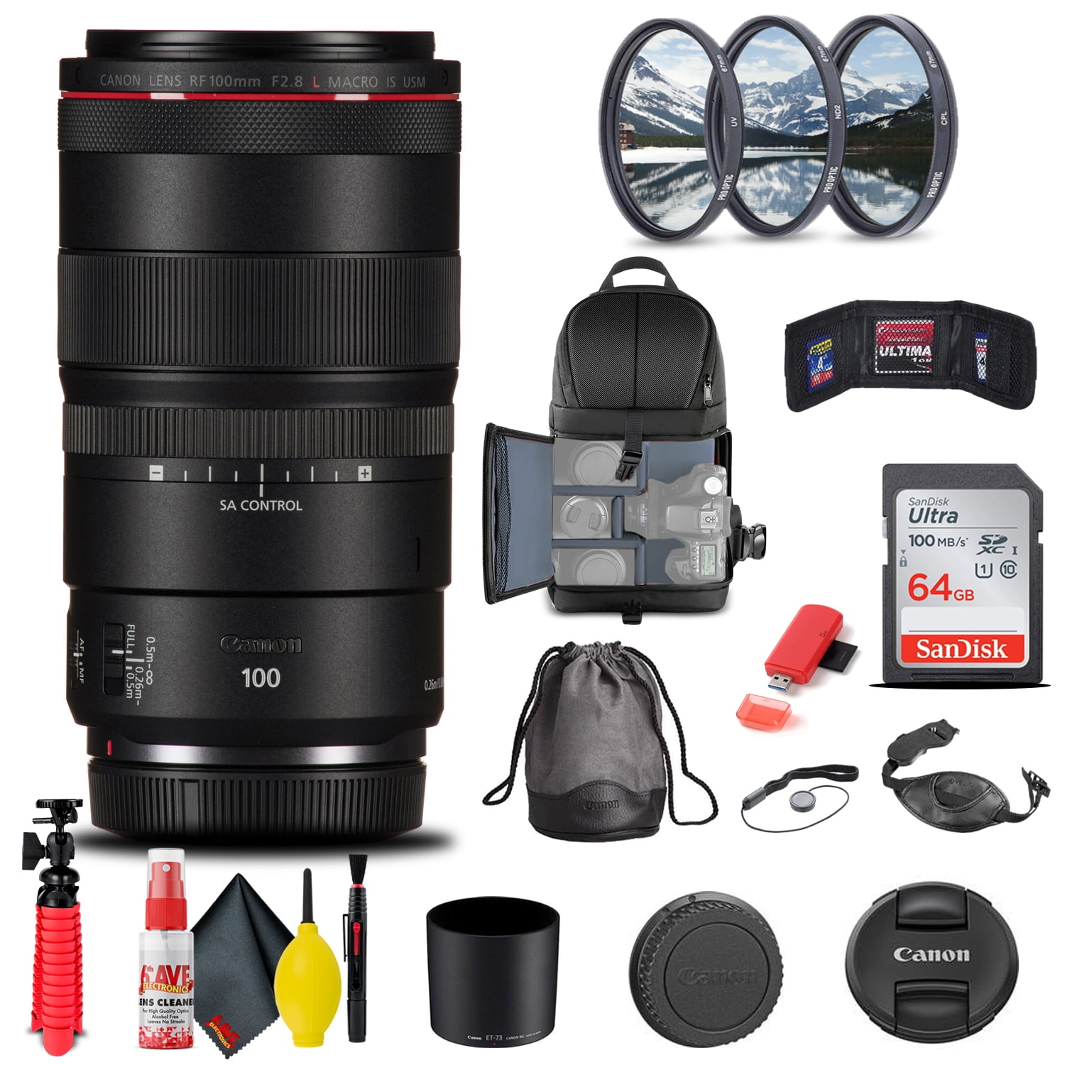 Canon RF 100mm F/2.8L Macro IS USM Lens (4514C002) + FilterKit + BackPack + More (International Version)