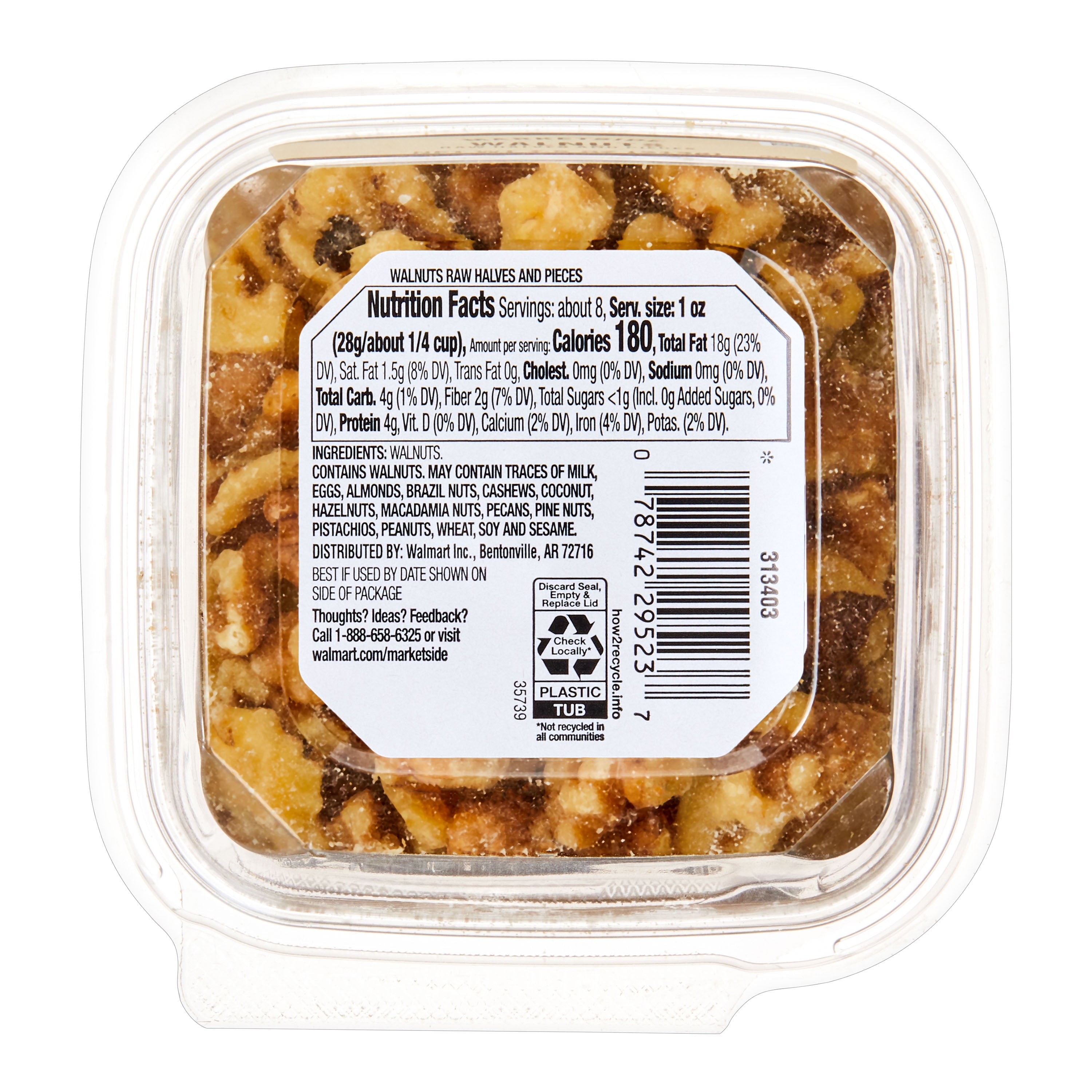 Marketside Raw Walnuts Halves and Pieces, 7.5 oz Tub