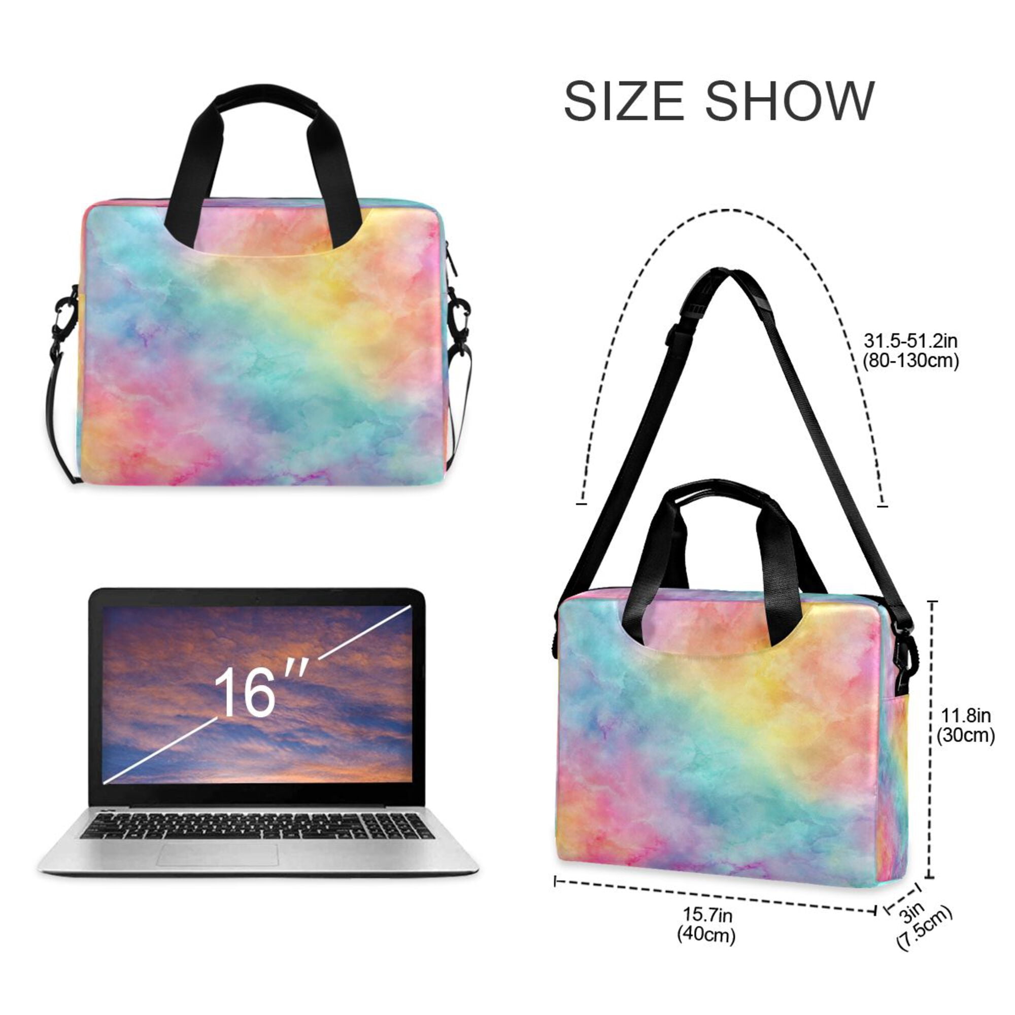 16" Laptop Briefcase, Detachable Anti-Slip Shoulder Strap, Multi-Compartment Work Travel Bag Pastel Rainbow Tie-dye Pattern