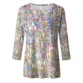 thumbnail image 4 of Puliio Women's Sequin Shirts Glitter Printing 3/4 Sleeve Round Neck Top Summer Casual Loose Top Blouse, 4 of 5