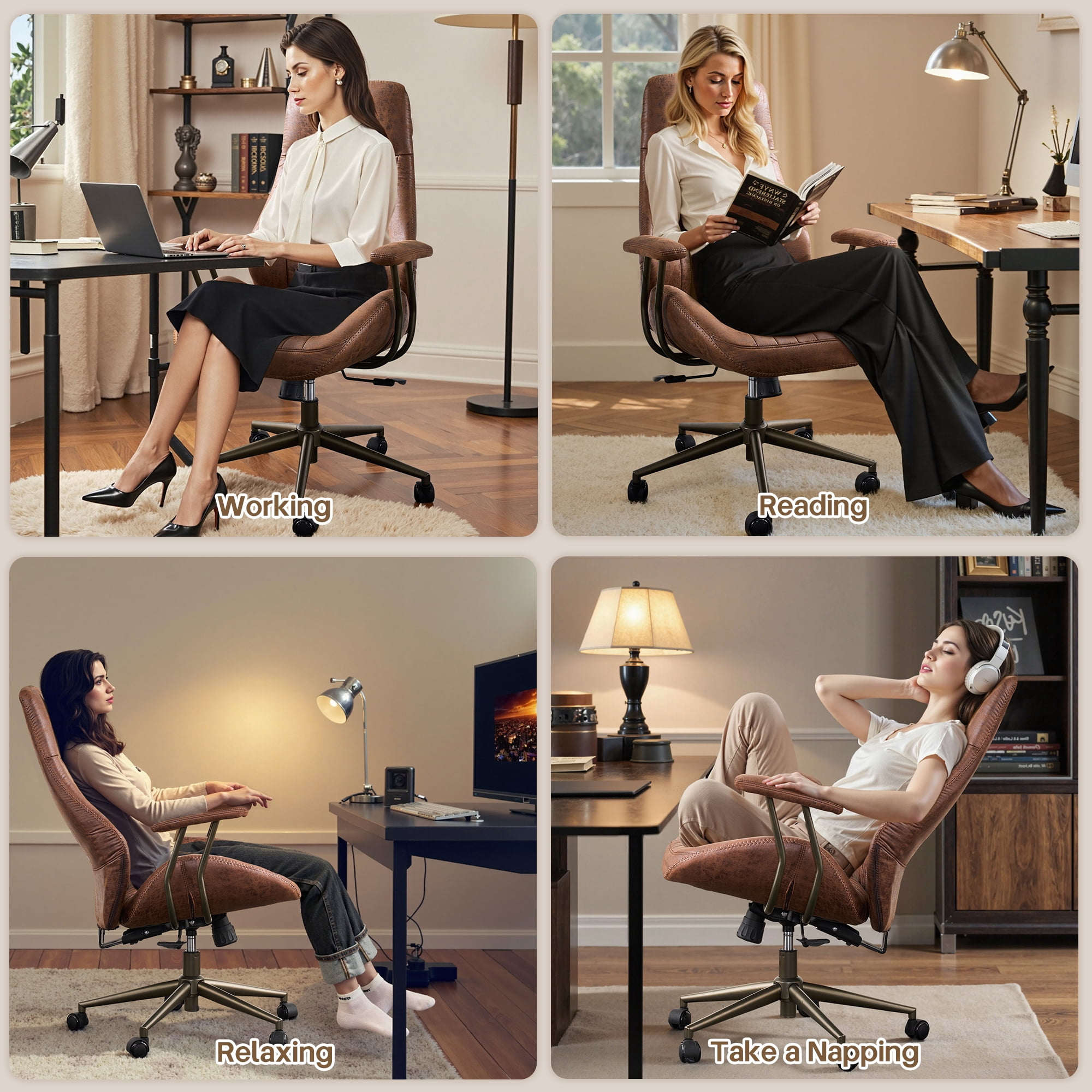 Toject Ergonomic Office Chair, High Back Comfy Home Office Chair with Lumbar Support, Mid-Century Modern Computer Executive Desk Chair with Padded Armrests (Suede Leather, Dark Brown)