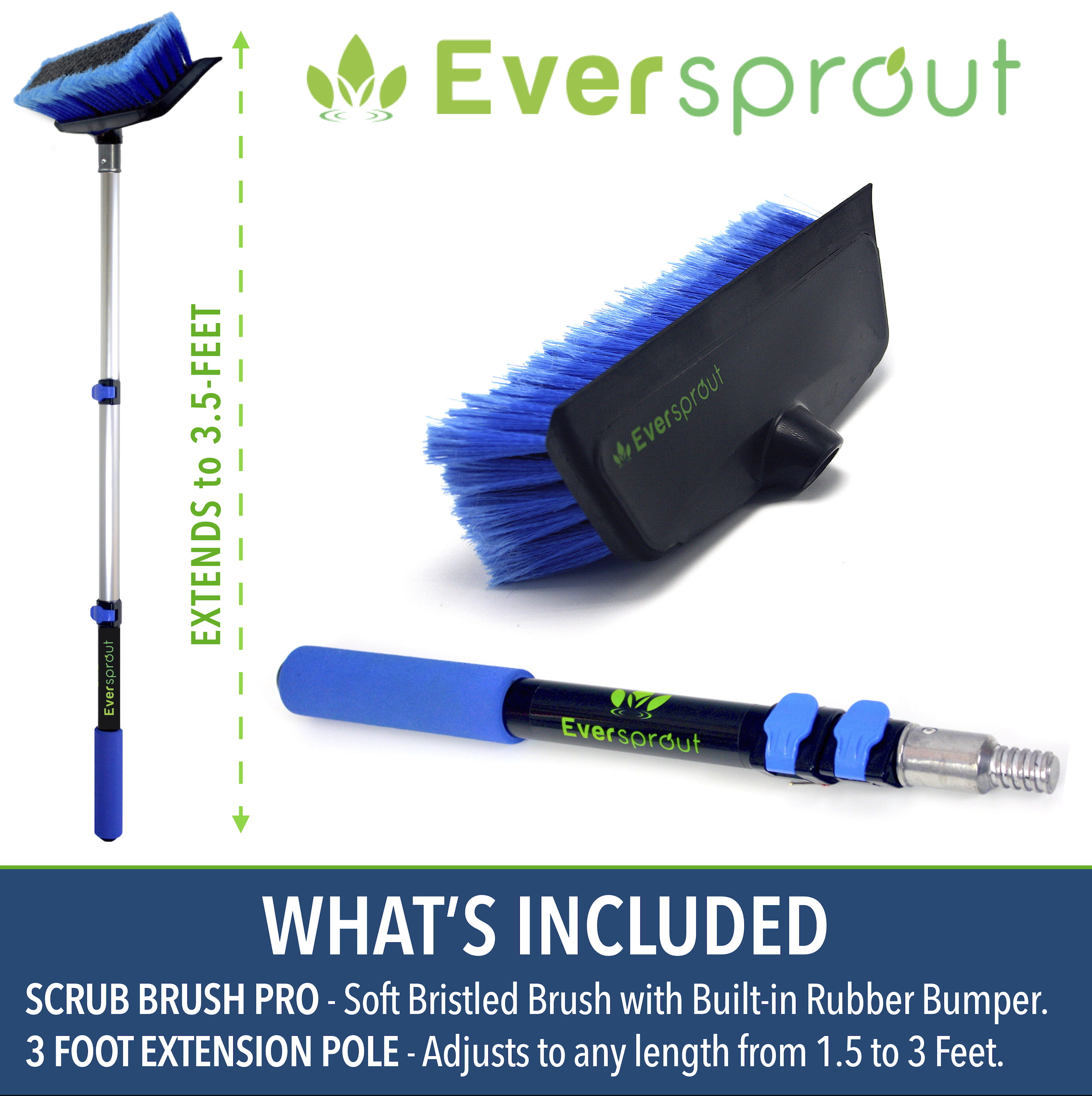 Eversprout 5-to-12 ft Car Brush with Rubber Bumper, Lightweight Extension Pole Handle, Soft Bristles Car Wash Brush, RV Wash Brush, Truck Wash Brush