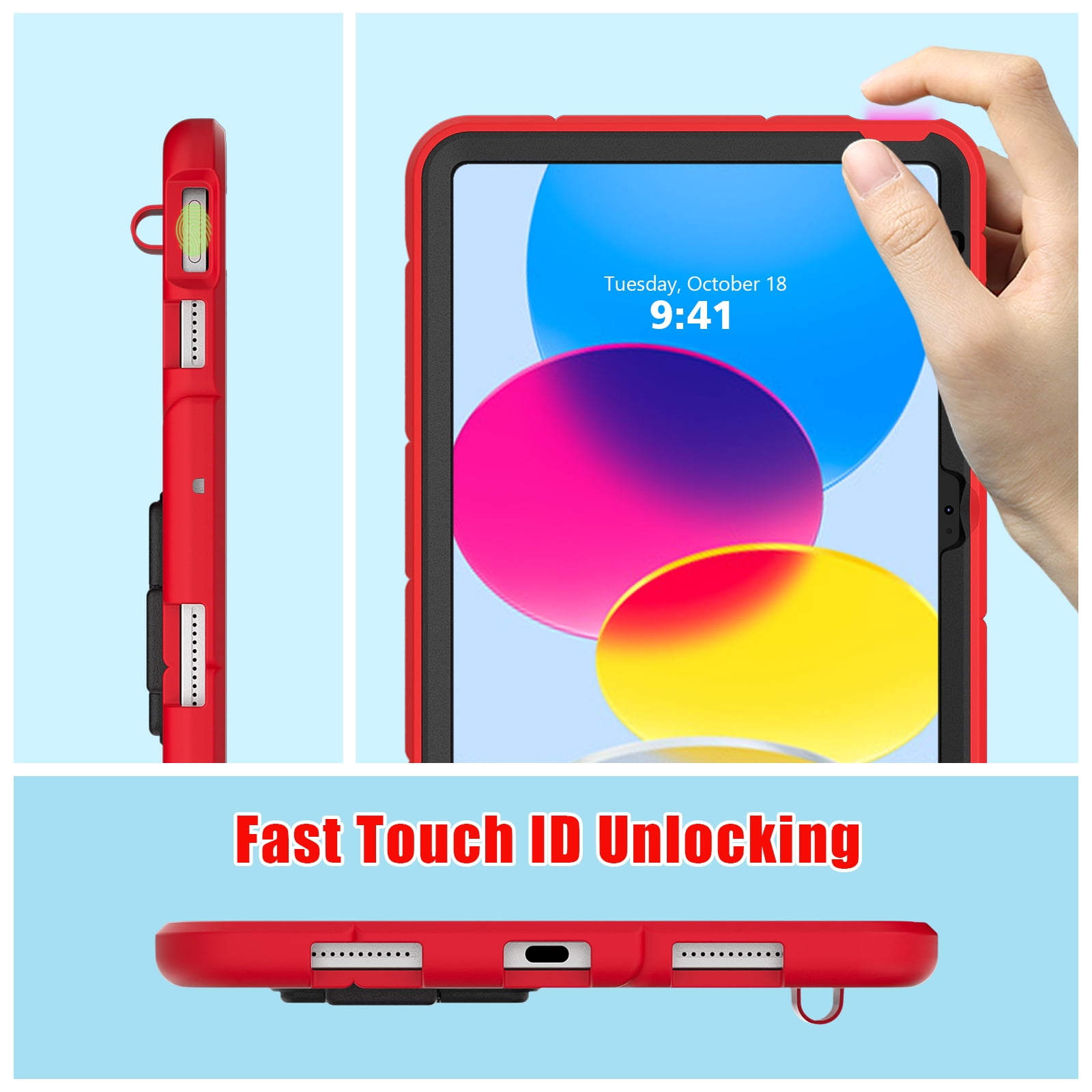 for 2022 10.9 inch iPad 10 th Generation Case with Pencil Holder & Stand, Handle Design Heavy Duty Shockproof Rugged 10.9" 10 Gen Cover for Kids Boy Children, Red+Black