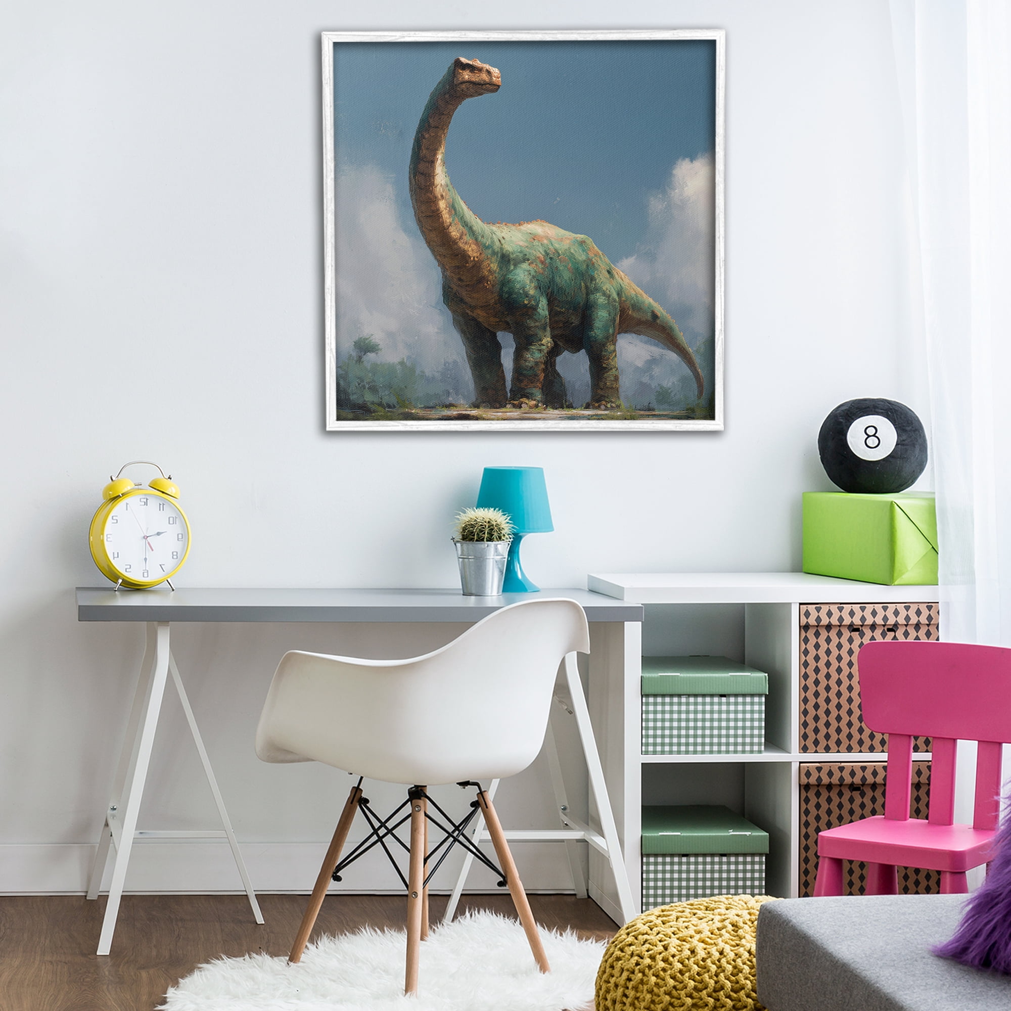 Stupell Industries Colossal Brontosaurus in Meadow White Framed Giclee Art, design by Wumples
