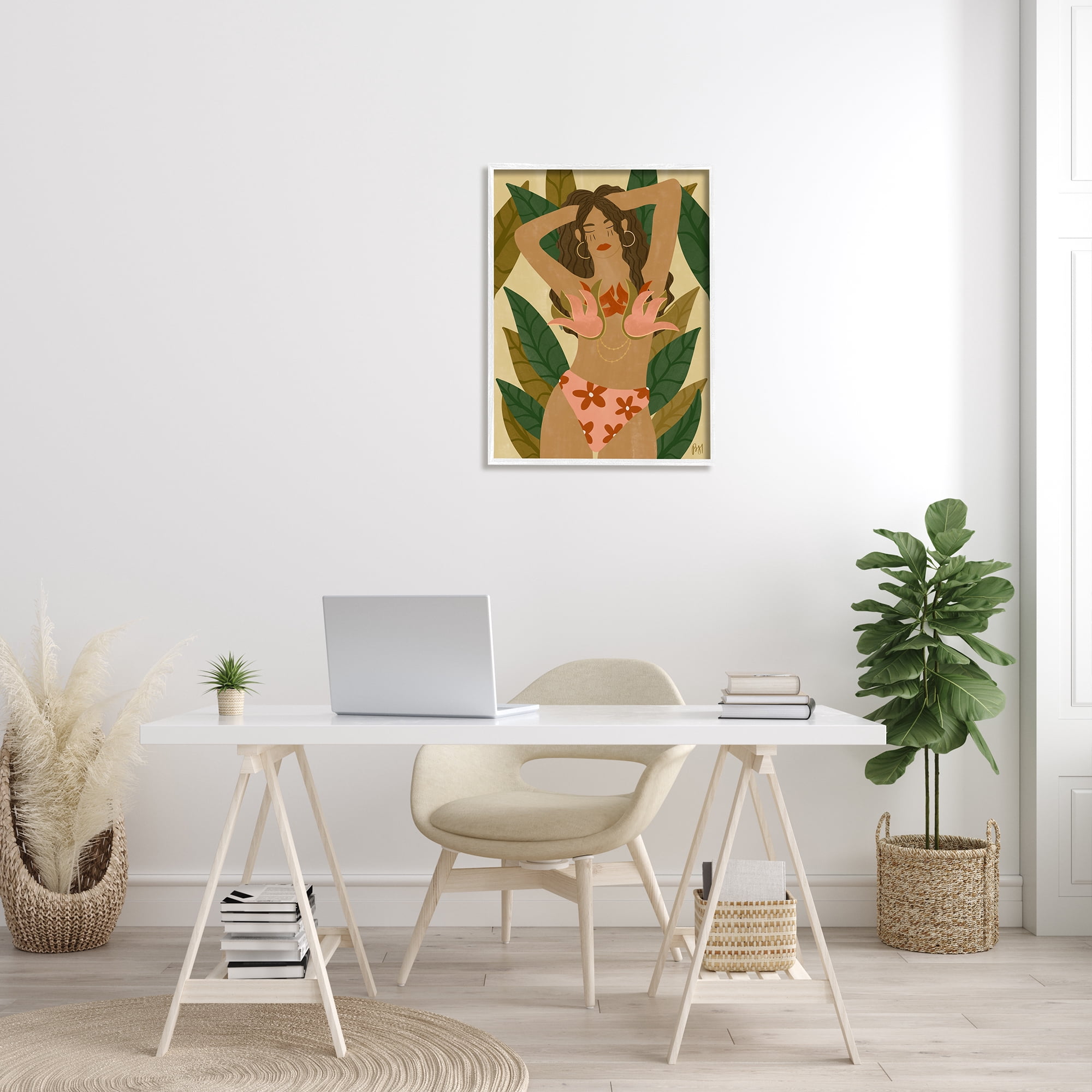 Stupell Indtries Female in Fierce Pink Bikini Over Tropical Plants,24 x 30,Design by Birch&Ink