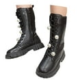 thumbnail image 3 of YAYUBA Black Girls Mid Calf Boots Lace up Side Zipper Lug Sole Platform Low Heel Leather Fashion Combat Boots for 11.5-12 Years, 3 of 9