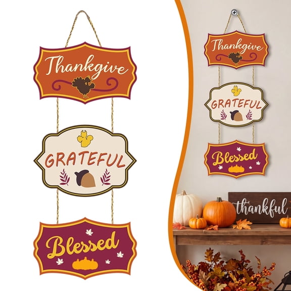 Thanksgiving Hanging Sign, Thankgive Grateful Blessed Jute Rope Wall Plaque, Fall Harvest Turkey Pumpkin Maple Leaf Hanging Ornament, Farmhouse Wooden Hanging Sign for Front Door Party Decoration