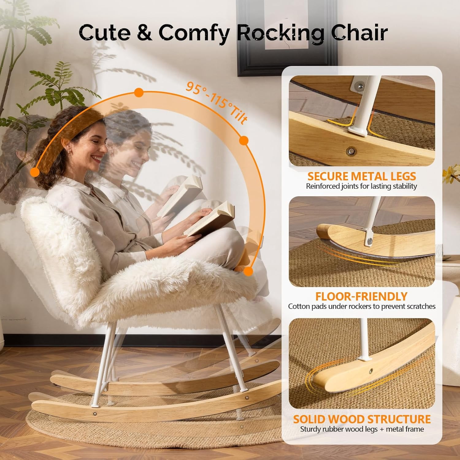 HJTER 25.6" Extra Wide Criss Cross Nursery Rocking Chair,Cute Curved 115° Reclining Armless Glider,Plush Small Rocker w/Pillow & Solid Wood for Indoor,Bedroom, Living Room,Fluffy Fleece,White