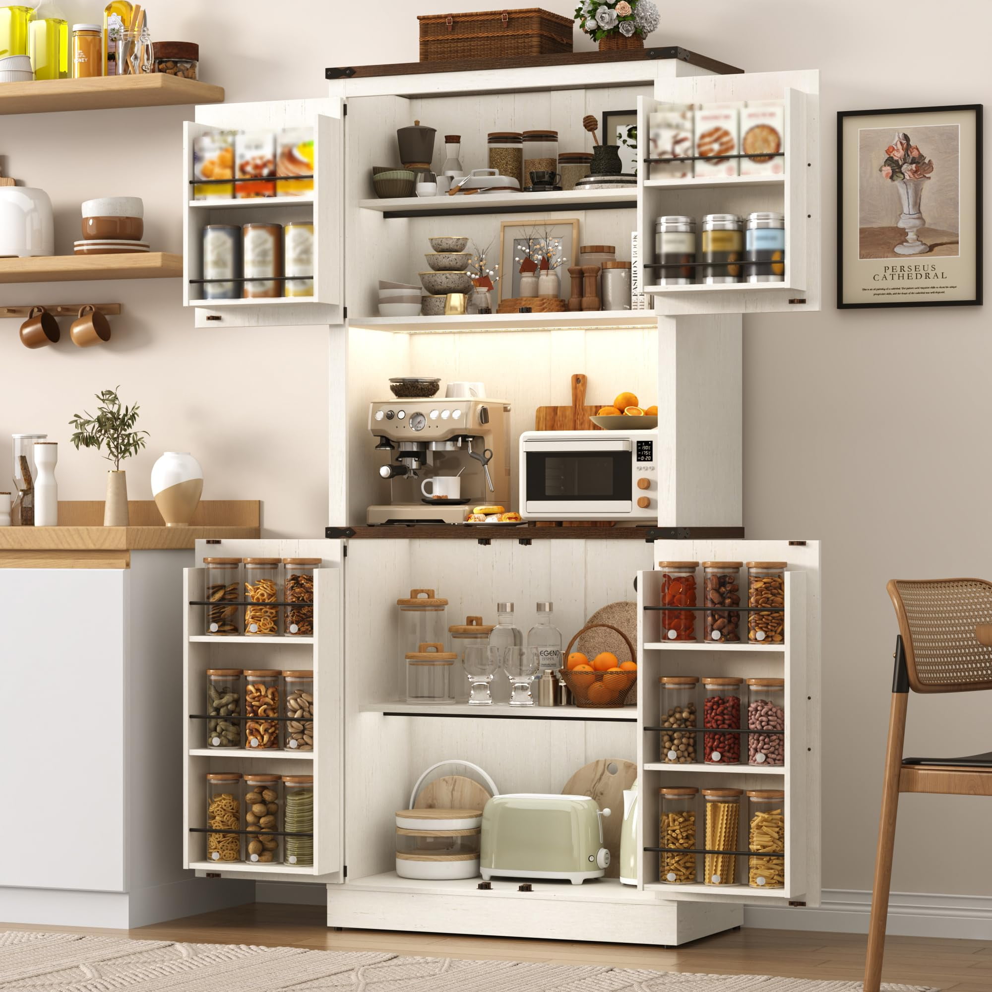 ANPOO 72'' Tall Farmhouse Kitchen Pantry Cabinet with LED Light and Power Outlet, 10 Hanging Shelves, Adjustable Shelves, Versatile Large Rustic Cabinet for Kitchen, Dining Room, Living Room