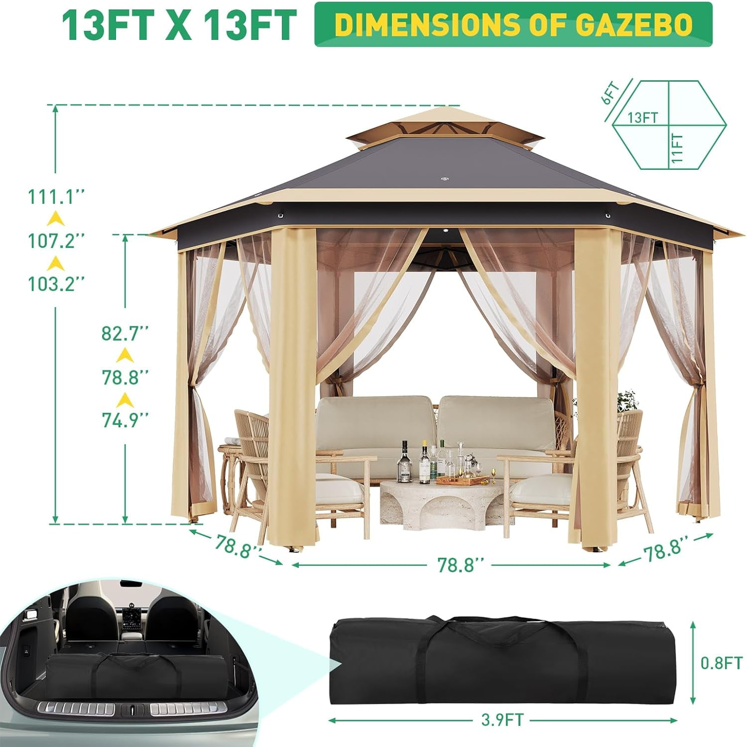 Lumiparty 13x13 ft Outdoor Pop Up Gazebo with Mosquito Netting, Adjustable Height Gazebo Shelter with Carry Bag for Backyard, Garden, Patio, Khaki