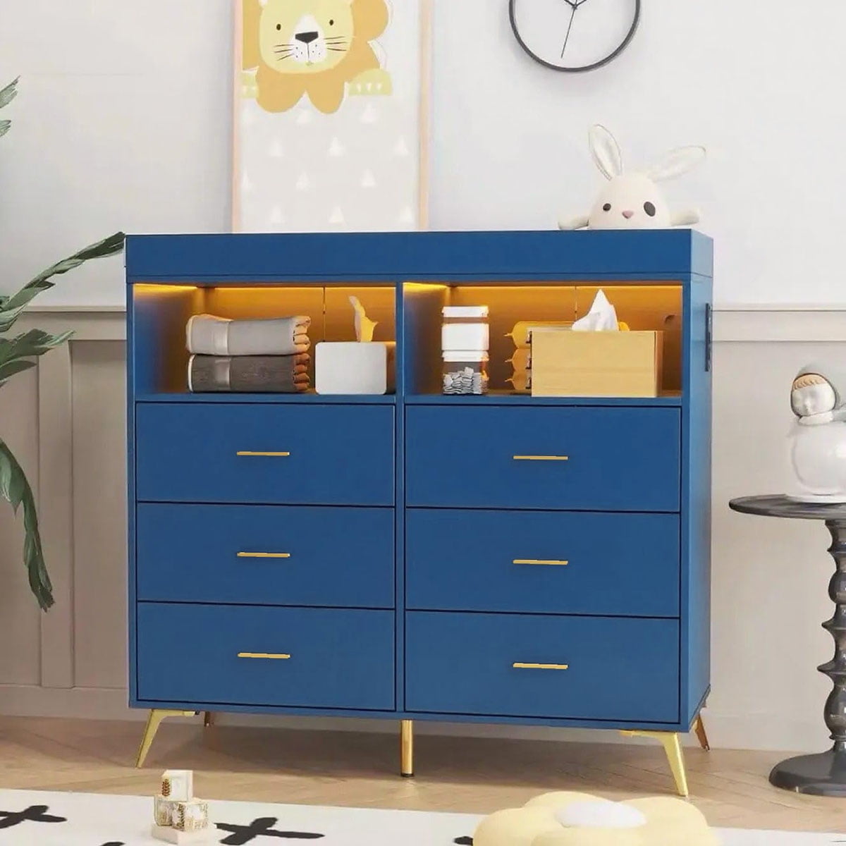 Danolapsi Changing Table Dresser with Drawers,Baby Dresser with Changing Table Top,Power Outlet,LED Light & Metal Feet,Diaper Changing Station Nursery Organizer for Infants Newborn（ship in 2 boxes）