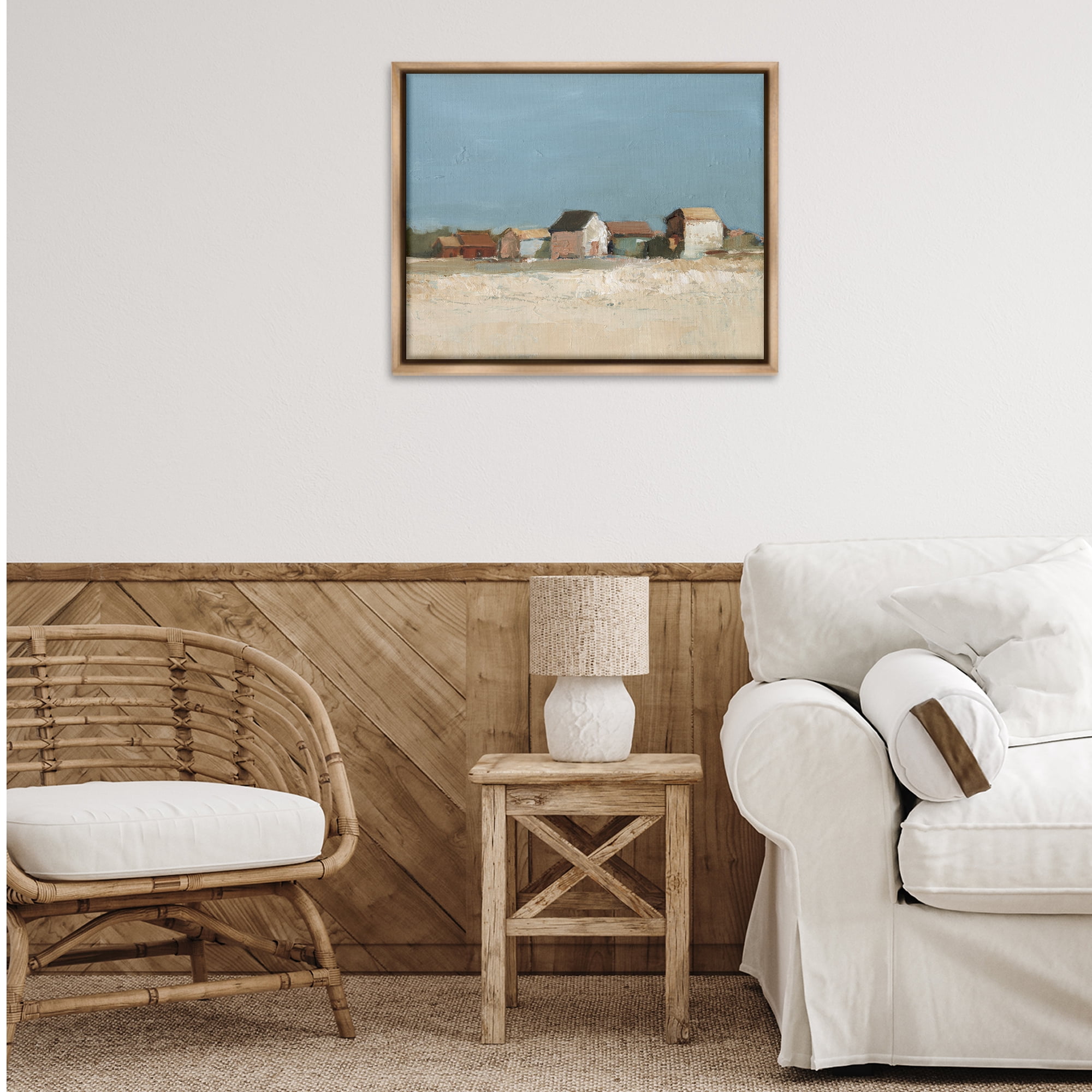 Stupell Industries Neighborhood in Distance Landscape & Nature Painting Brown Floater Framed Canvas Art Print Wall Art, 31 x 25