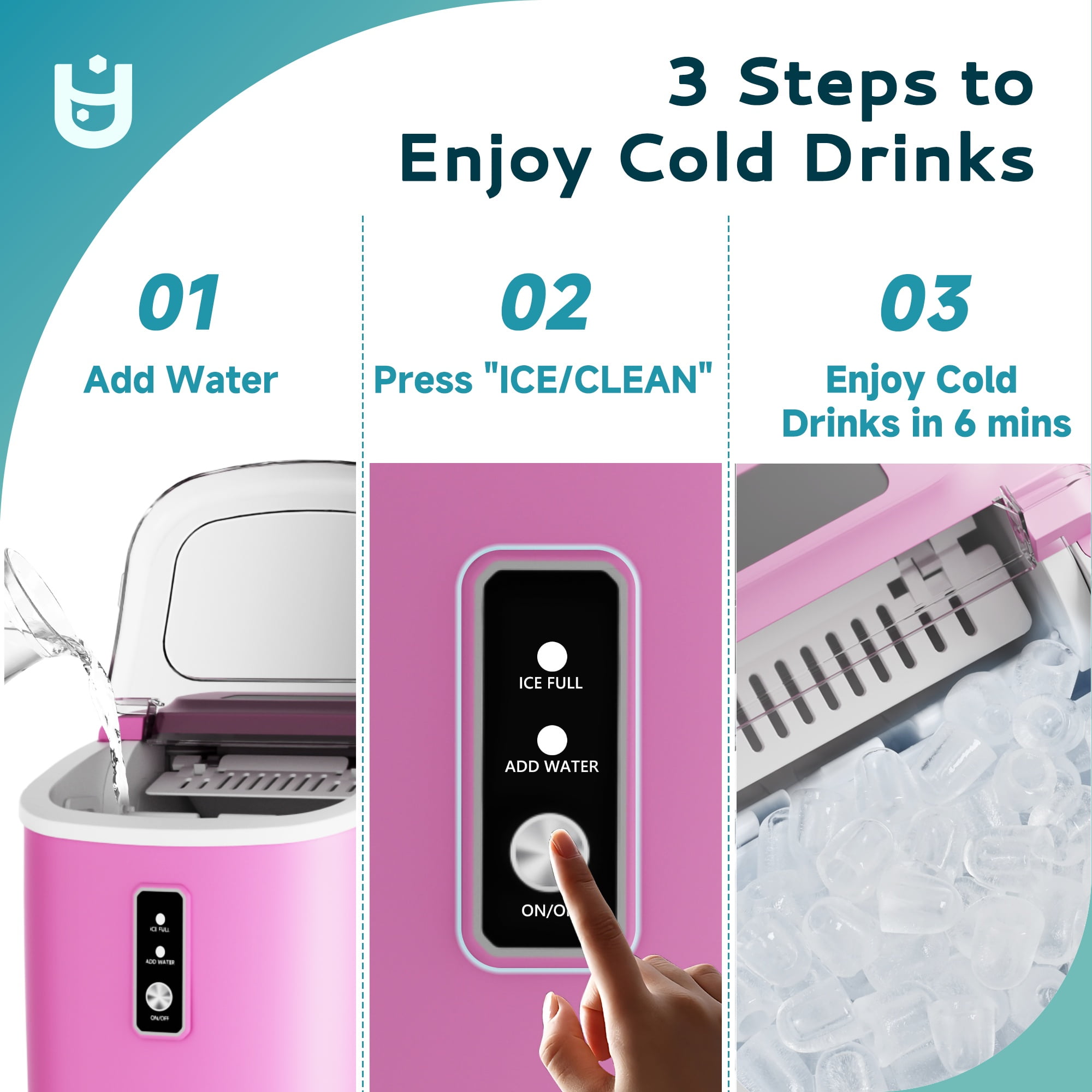 EUHOMY Countertop Ice Maker 26 lbs/Day Portable Self-Cleaning, 9 Bullet Ice in 6 Min, Pink