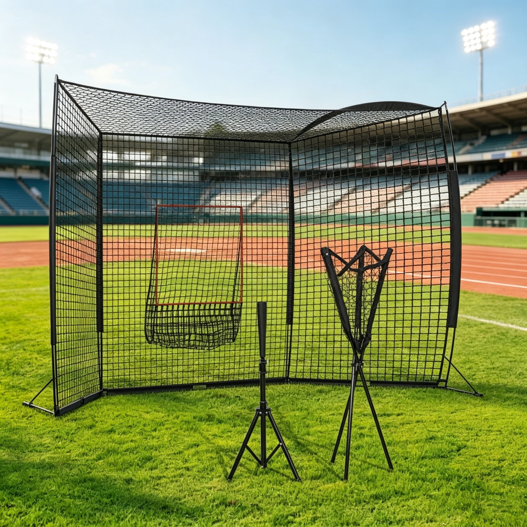 Baseball Batting Practice Equipment Set with Strike Zone Net Adjustable Tee 120-Ball Tripod Caddy & Carry Bag for Backyard Training