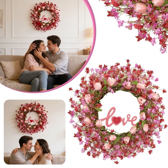 Valentine's Day Love Themed Artificial Flower Wreath, 18" Pink Tulip Floral Wreath with "Love" Accent, Romantic Wedding Home Wall Decor Wreath for Front Door Anniversary Party Decor