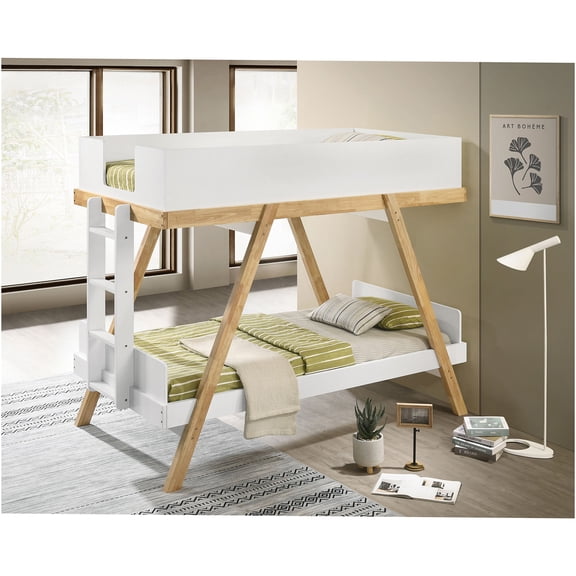 JERFIT White Wood Twin over Twin Bunk Bed with Ladder, Modern Farmhouse Style Space-Saving Bunkbed Frame for Compact Bedrooms