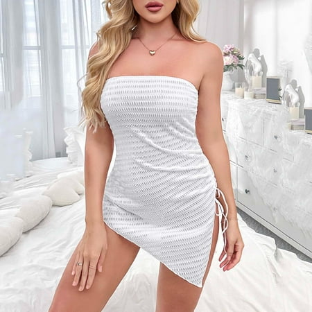 Abomasnow Women s Strapless Nightgown Lingerie Sexy Off the Shoulder Slim Fit Teddy Sheer Babydoll Split Hem Bodycon Mini Dresses on Clearance