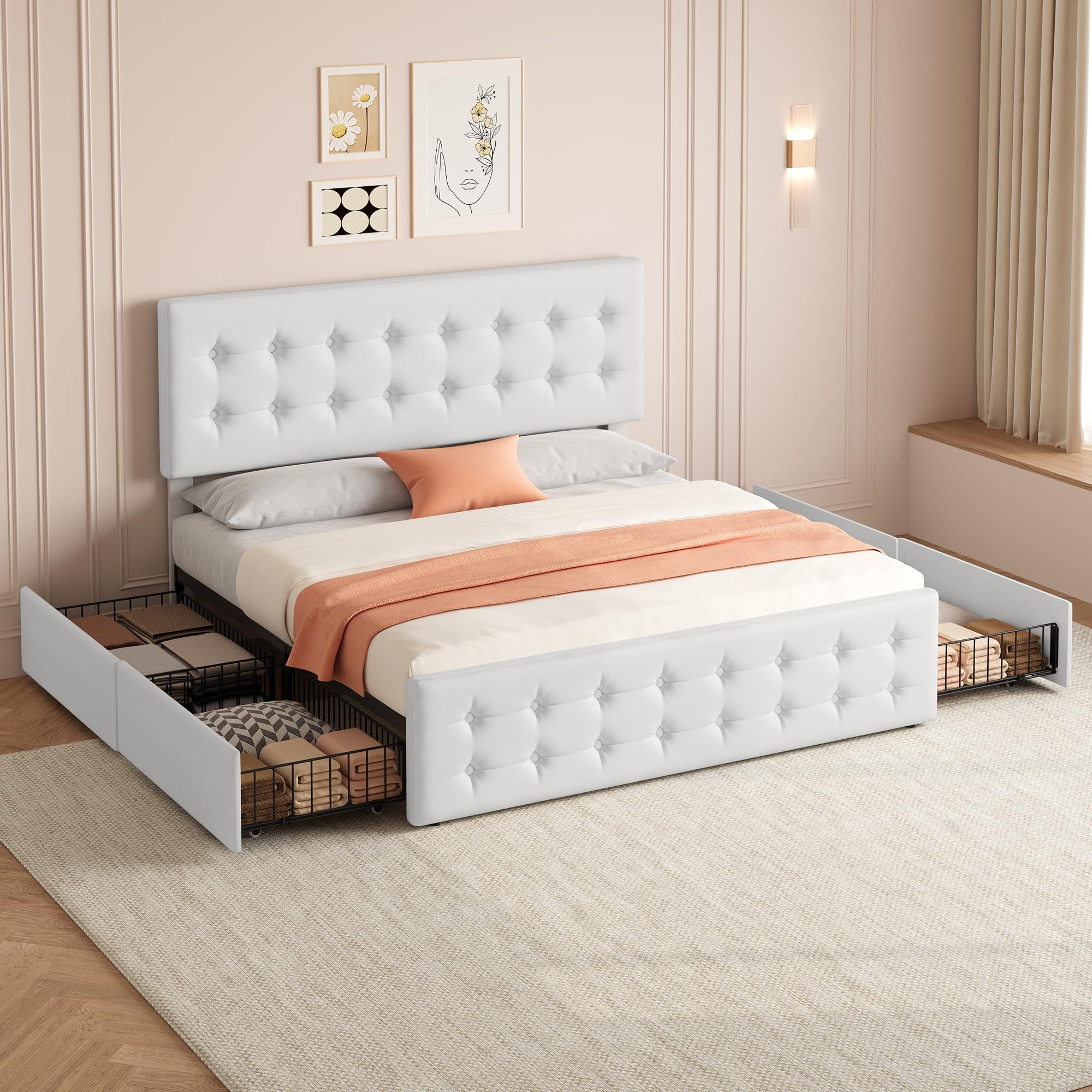 TROPOW King Size Bed Frame,with 4 Storage Drawers and Headboard, Linen Upholstered Platform Bed Frame with Wooden Slats Support, Button Tufted Design, No Box Spring Needed,White