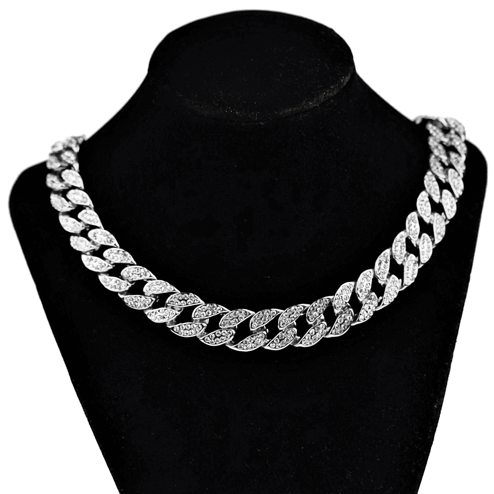 Mens Hip Hop Chain Iced Silver Tone Cuban Link Bling Necklace 20