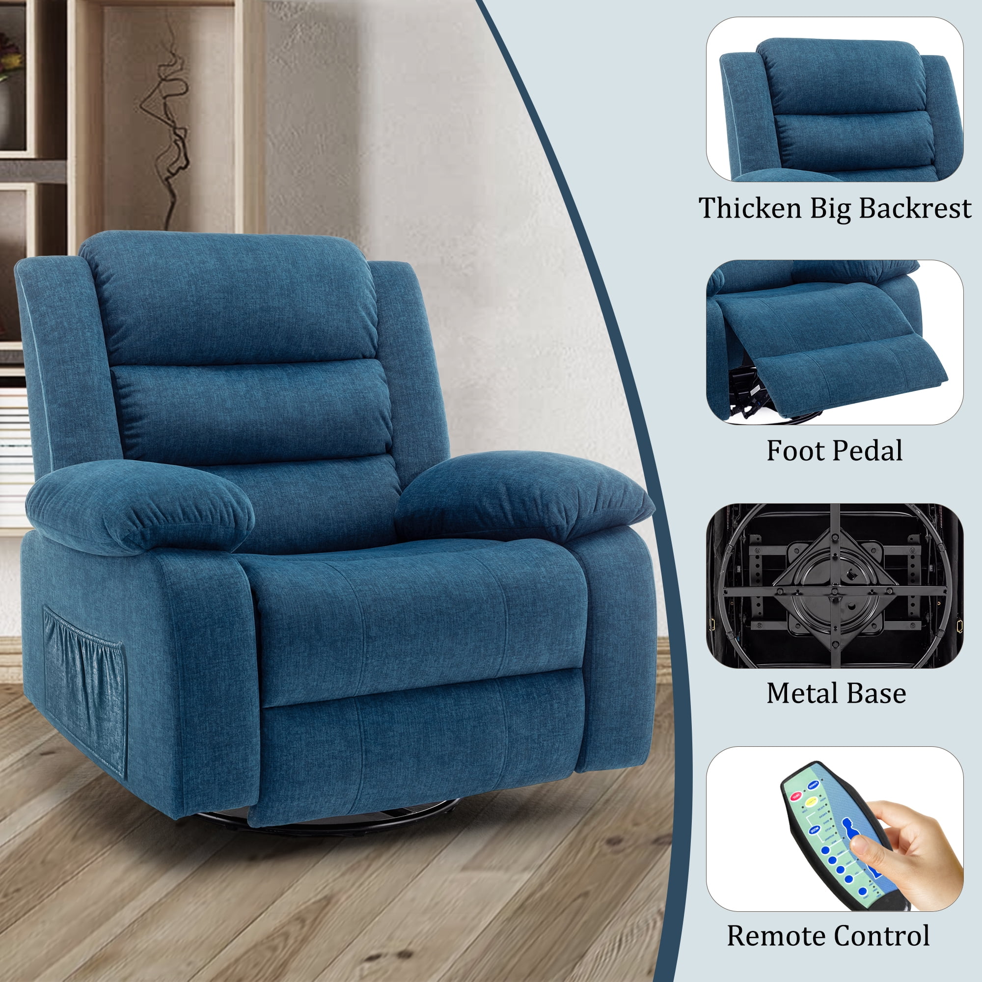 Korser Oversized Swivel Rocker Recliner Chair for Adults 40.6'' Wide for Nursery Living Room,Blue