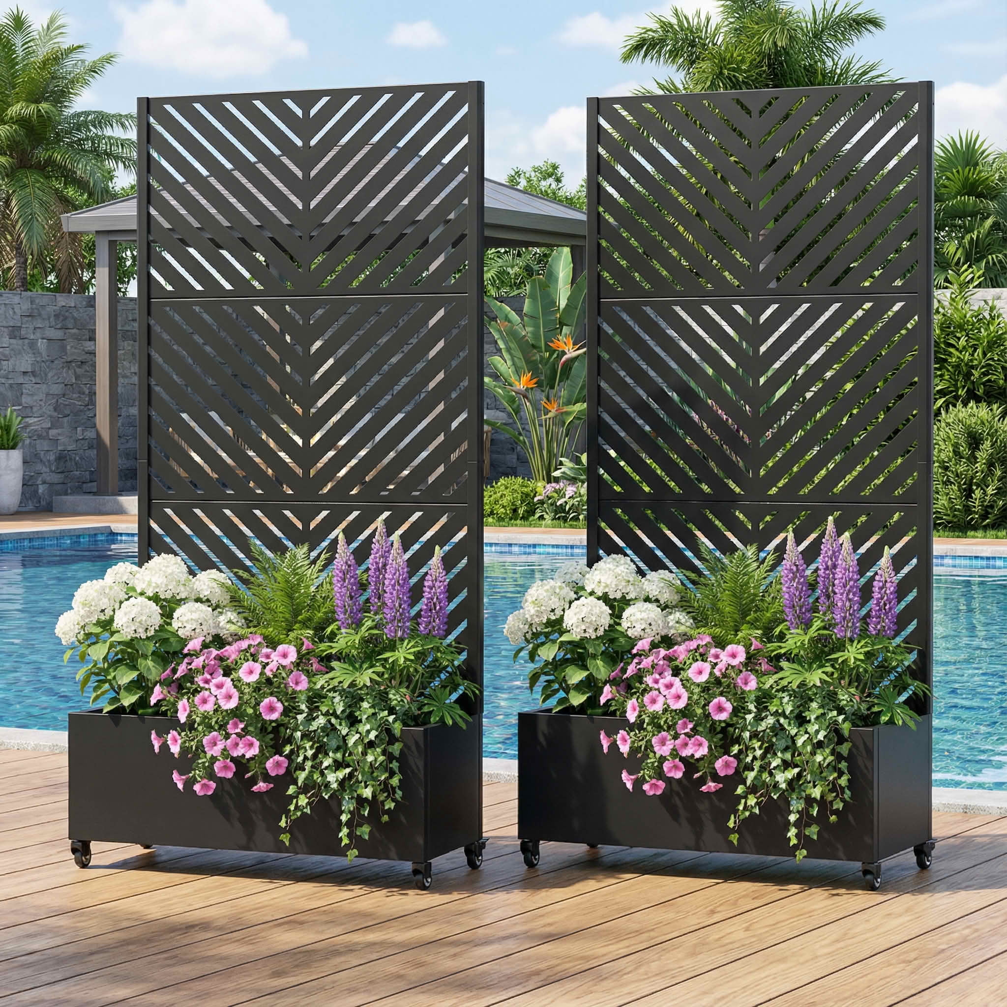 MAYEERTY 72X35" Metal Outdoor Black Privacy Screen with Planter Box for Backyard & Garden, 3 Piece Set, Double‑sided Installation