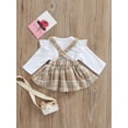 thumbnail image 4 of TSEXIEFOOFU Baby Girl's Two-Piece Suit, Ruffle Long Sleeve Round Neck Romper + Plaid Pattern Bowknot Suspender Skirt, 4 of 9