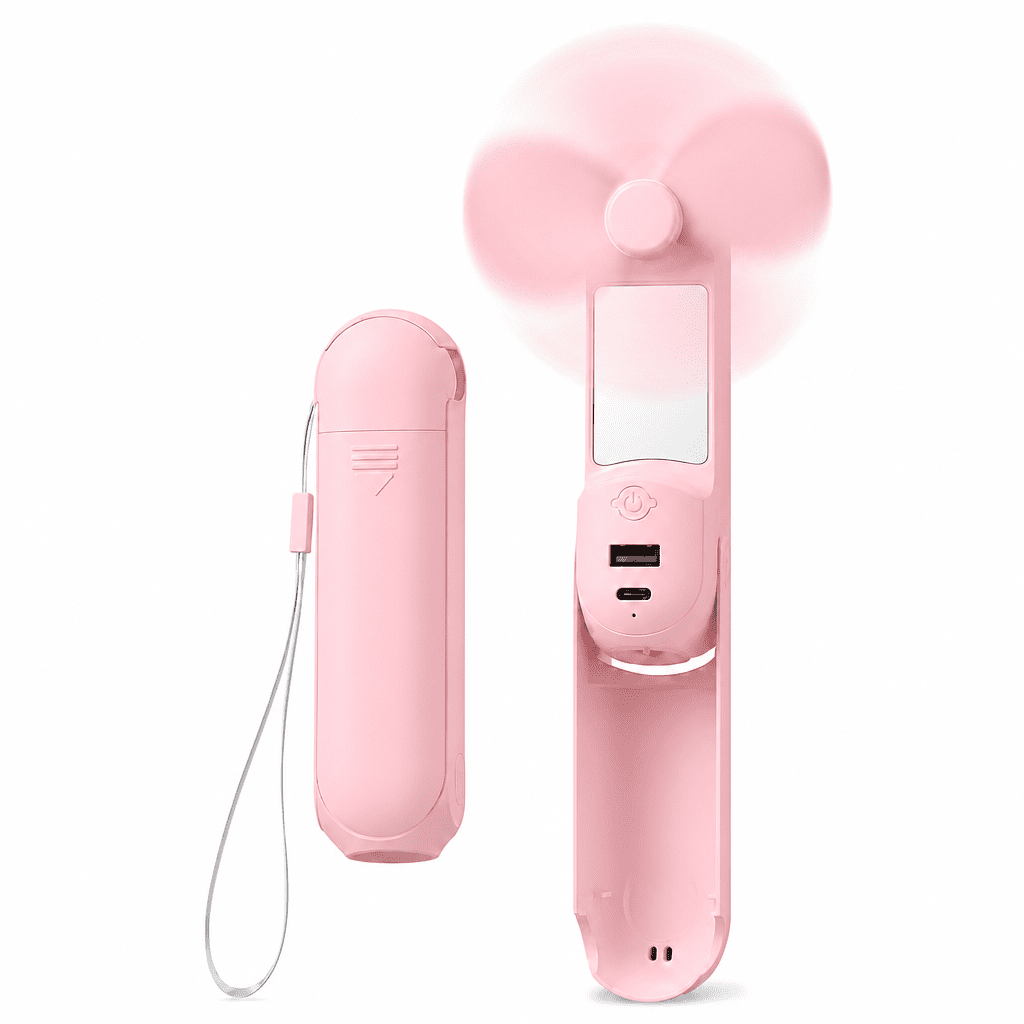 MOSENSE Portable Rechargeable Handheld Fan with Makeup Mirror, Power Bank, LED Flashlight, 3 Adjustable Speeds, USB-C Charging,Pink