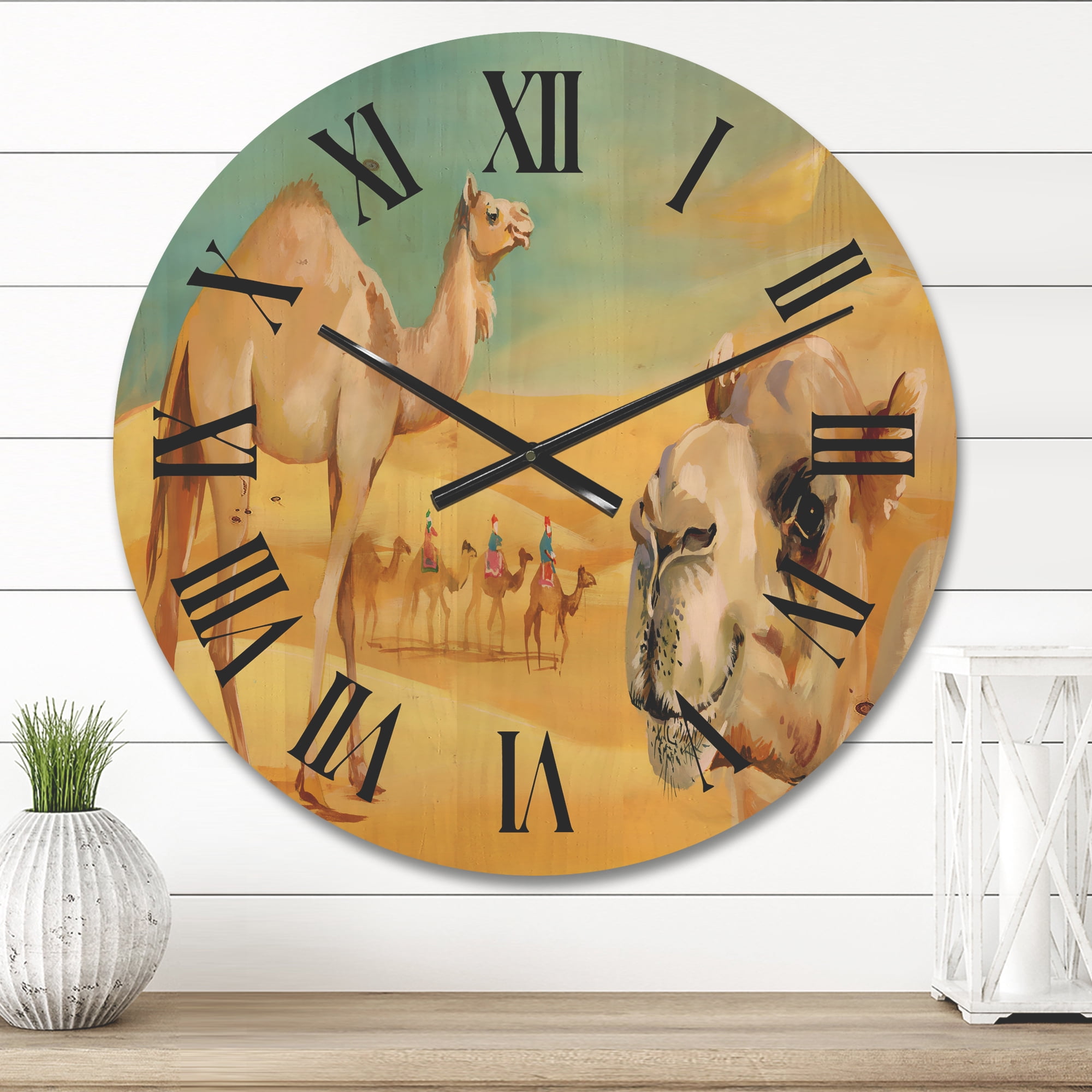 Designart 'Camels In Wild Desert II' Farmhouse Wood Wall Clock