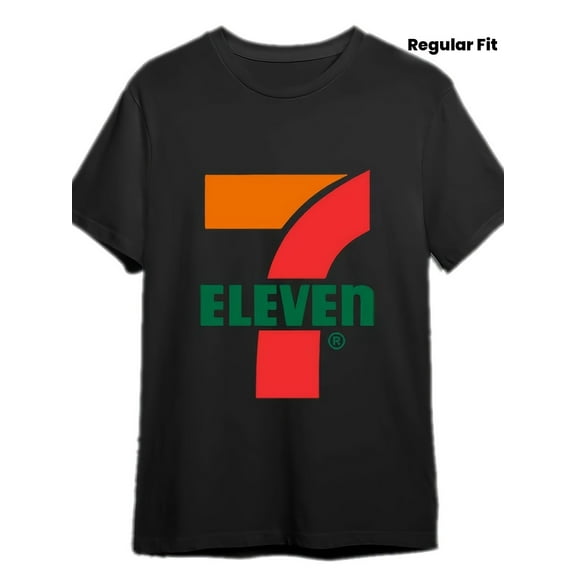 One 7-Eleven Logo Print Men'S T-Shirt - 100% Cotton, Relaxed Crew Neck, Short Sleeves, Geometric Pattern, Regular Fit, Summer Knit Fabric - Black
