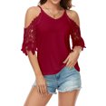thumbnail image 1 of Blusas de color puro para mujer, camisetas de verano con cuello en V y hombros descubiertos con manga de encaje para uso diario, compras, rojo, XL, 1 of 8