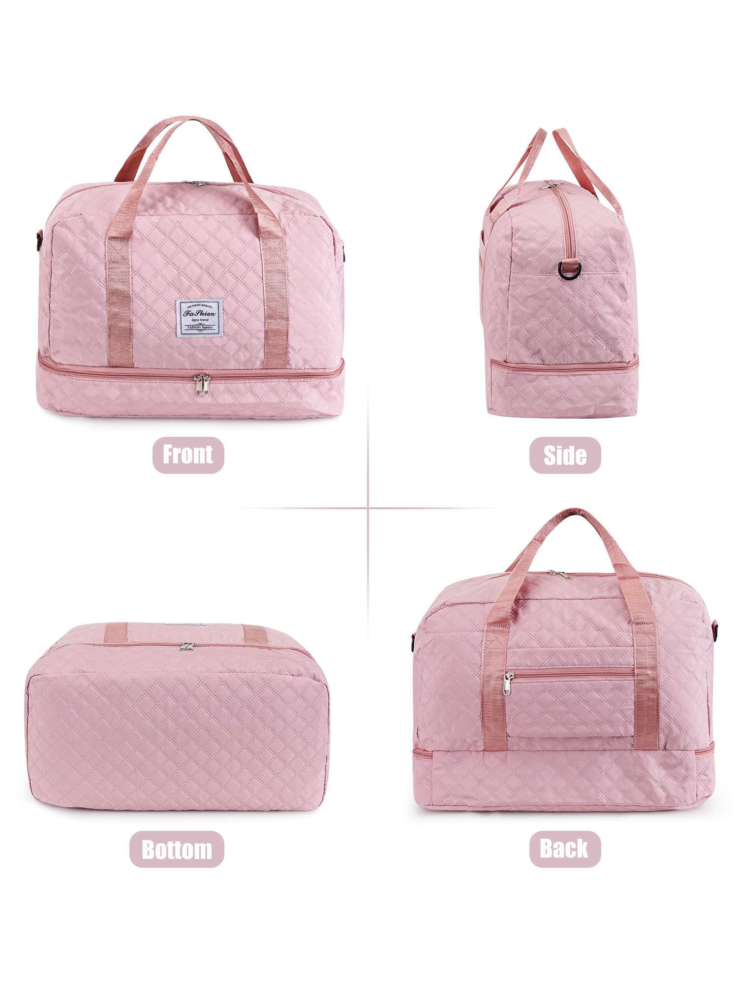 Gustave Quilted Travel Duffle Bag for Women Large Capacity Overnight Weekender Gym Hospital Bag Water Resistant Carry On Totes with Shoe Compartment & Wet Pocket, Pink