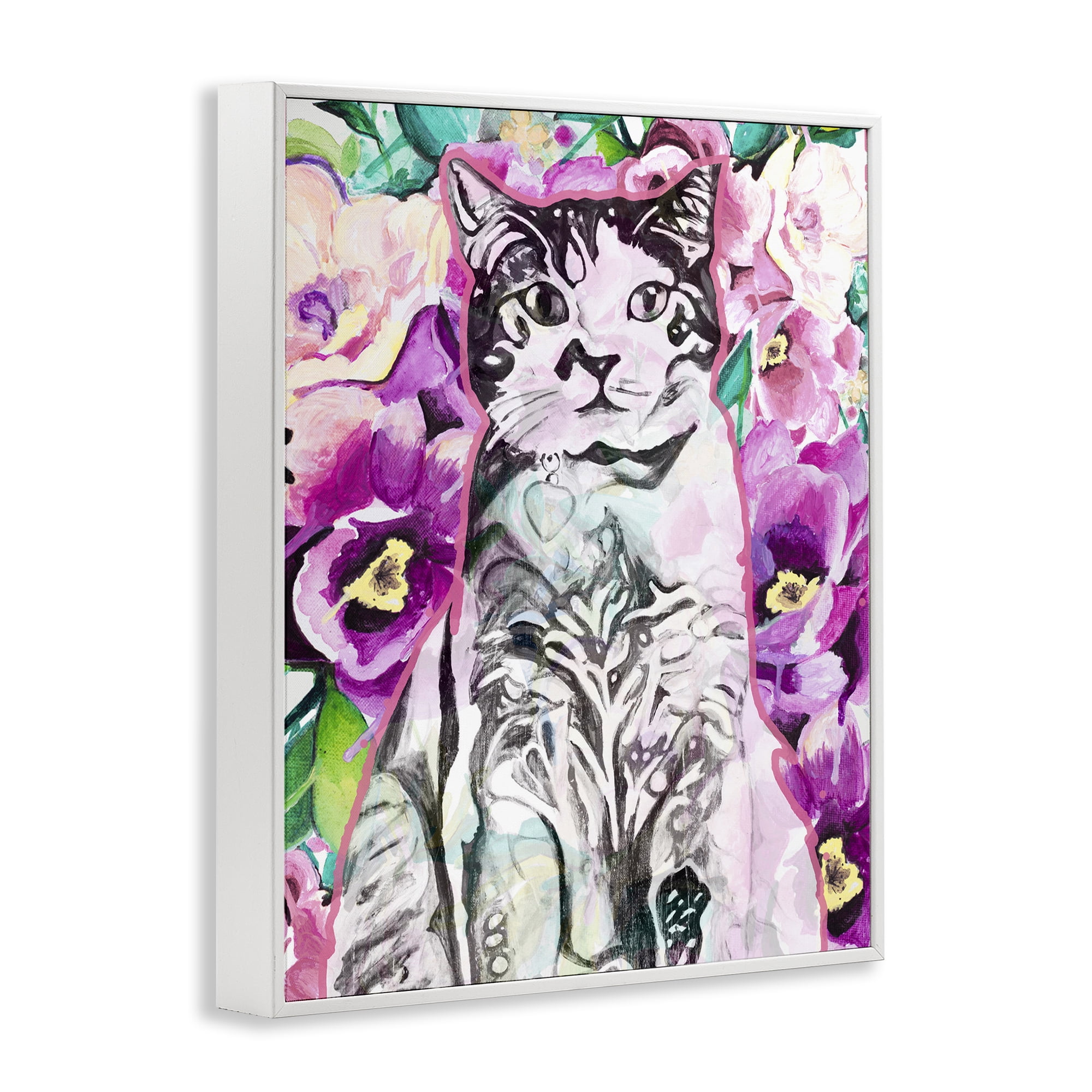 Stupell Industries Kitty Among Flowers Animals & Insects Painting White Framed Art Print Wall Art, 11 x 14