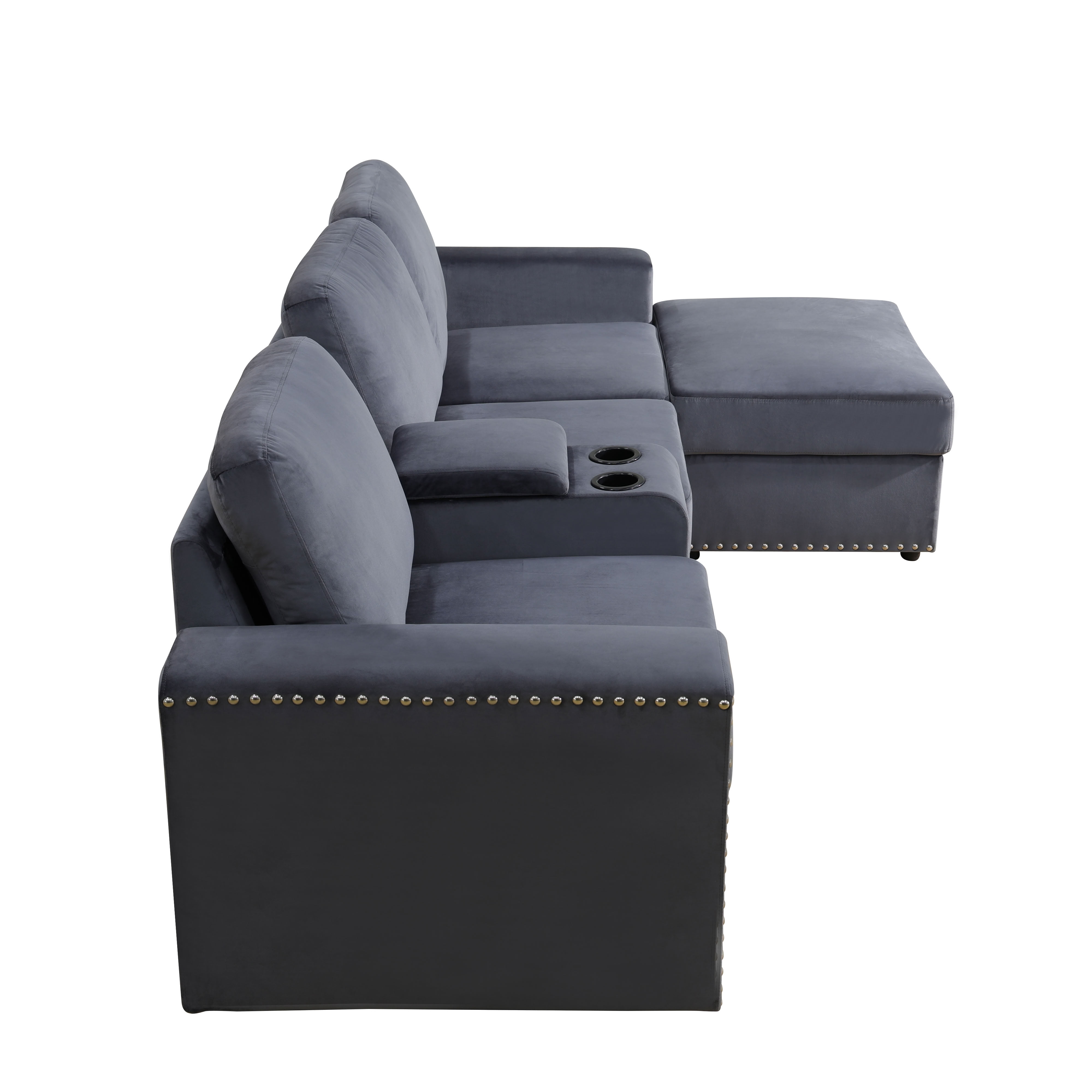 MAYEERTY 3-Seater Sofa, Upholstered Couch with Console, Cup Holders & Anti-Insect Solid Wood Frame, for Living Room Family Room Apartment, Dark Grey