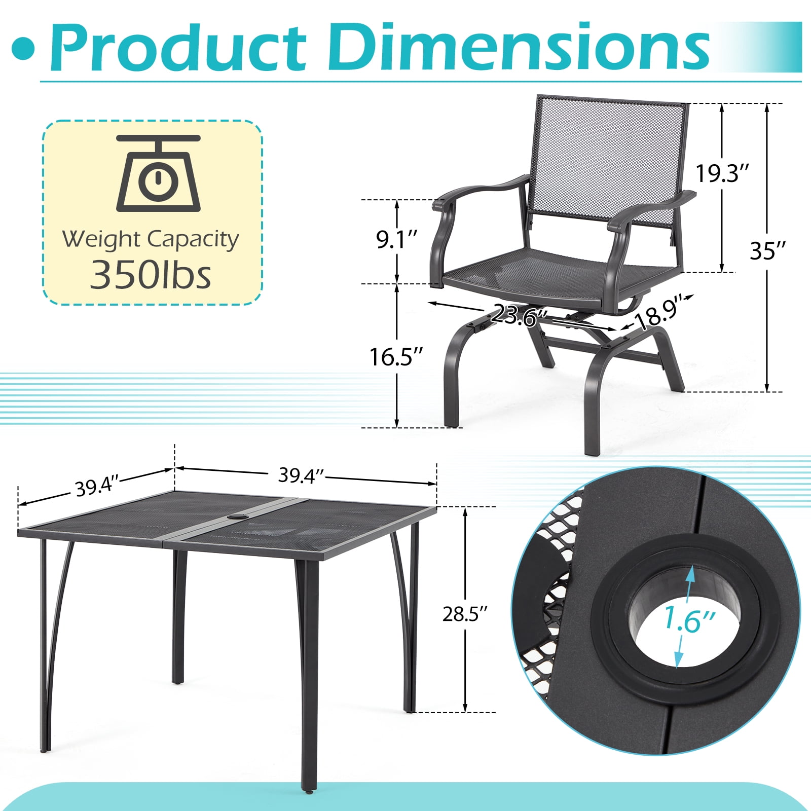 AECOJOY 3-Piece Outdoor Patio Dining Set, Outdoor Furniture Bistro Set with 2 Patio Rocking Chairs and 1 Square Patio Metal Table for Yard Garden Backyard Poolside, Dark Gray