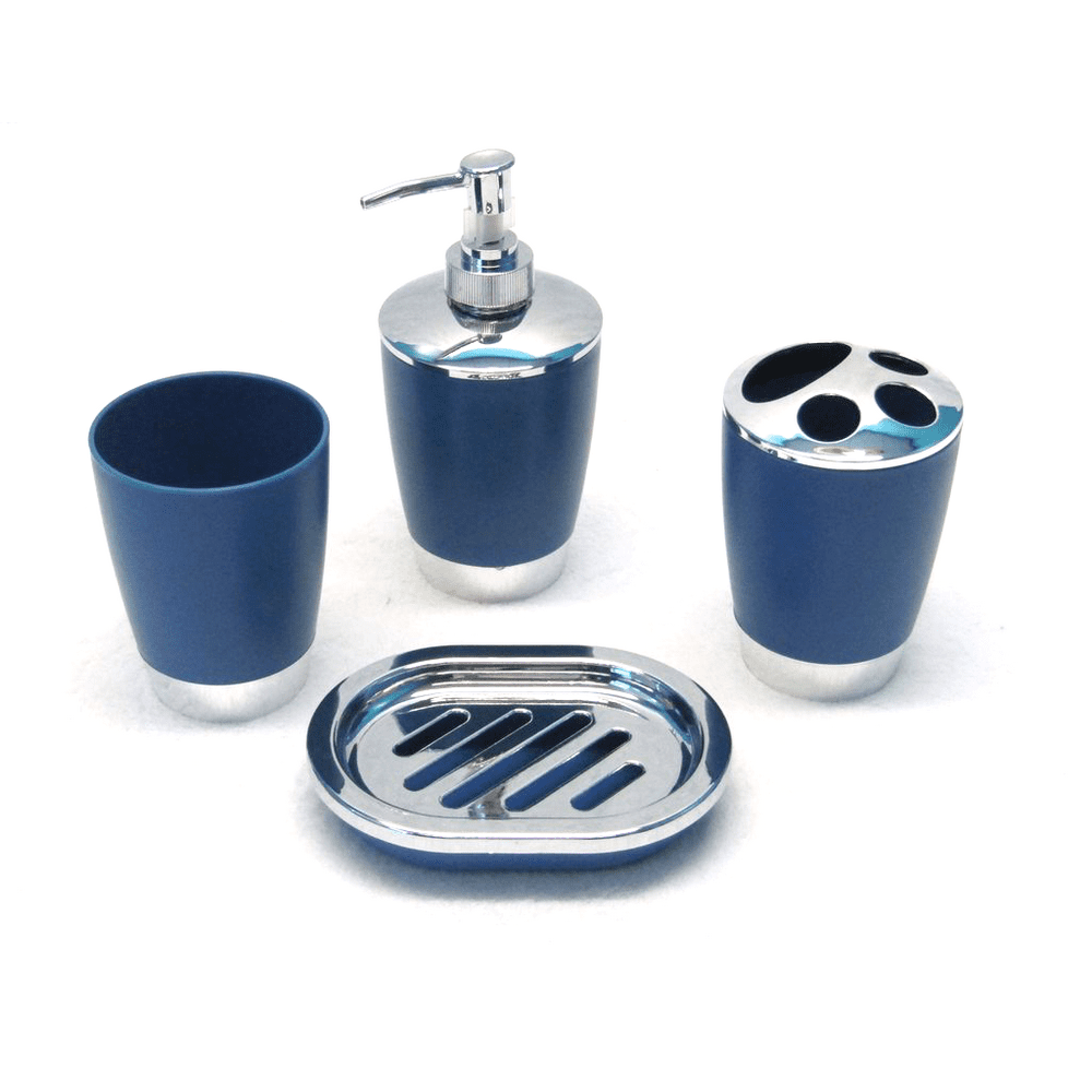 4 Piece Solid Shine Bath Accessories Set With Chrome Accent Blue