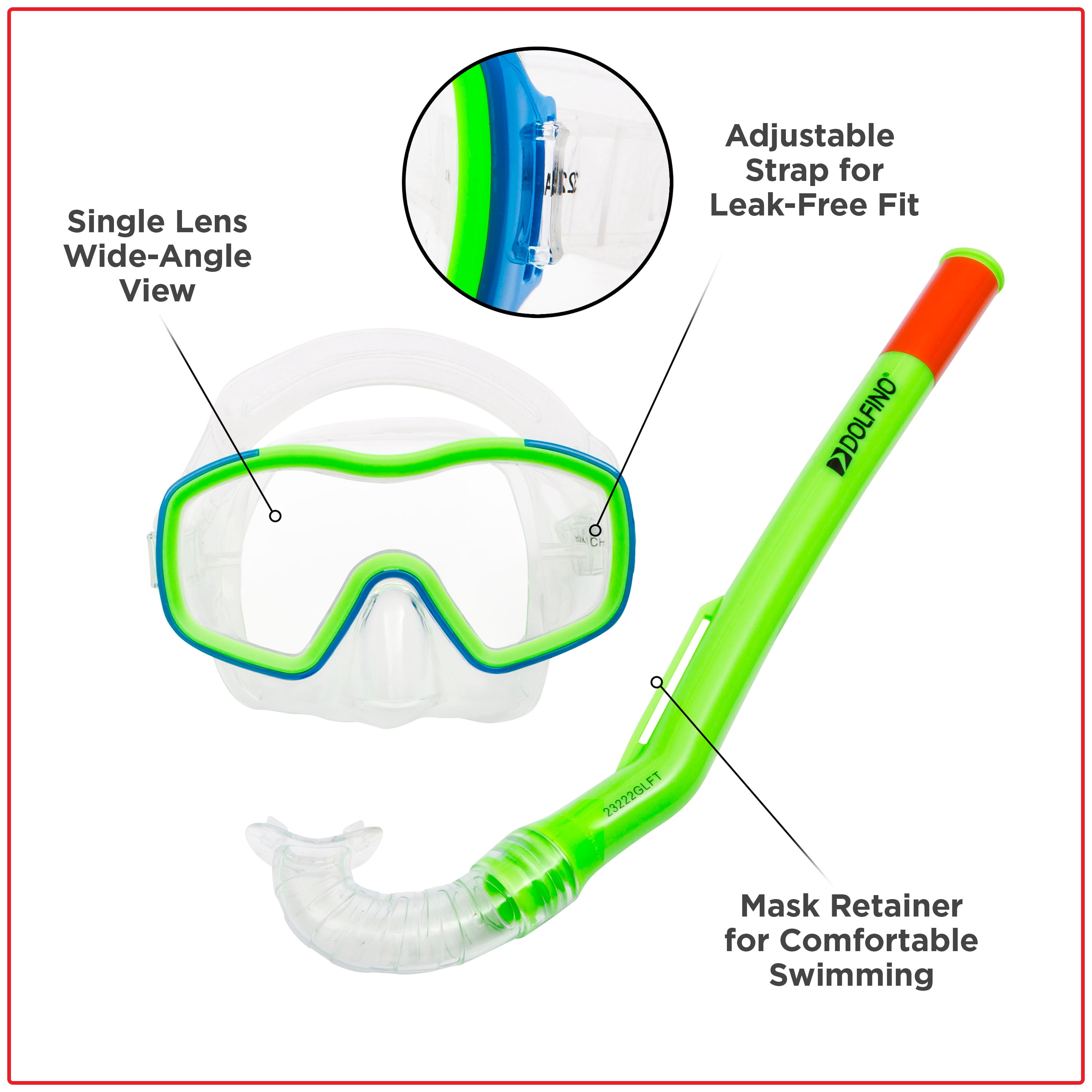 (2 pack) Dolfino Youth 5-Piece Open Swim and Snorkel Set for Children, Green, Unisex