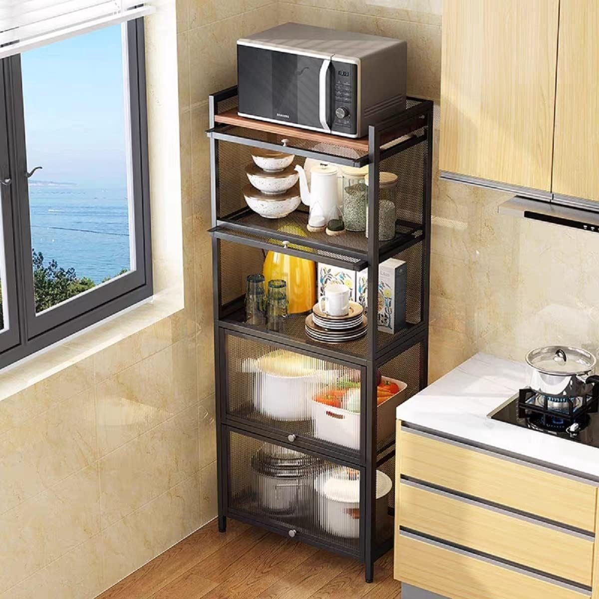Large Kitchen Pantry Storage Cabinet Buffet, 4 Tier Metal Pantry Cabinet with Folding Doors 56'' Kitchen Hutch Cabinet Suitable for Dining Room Living Room