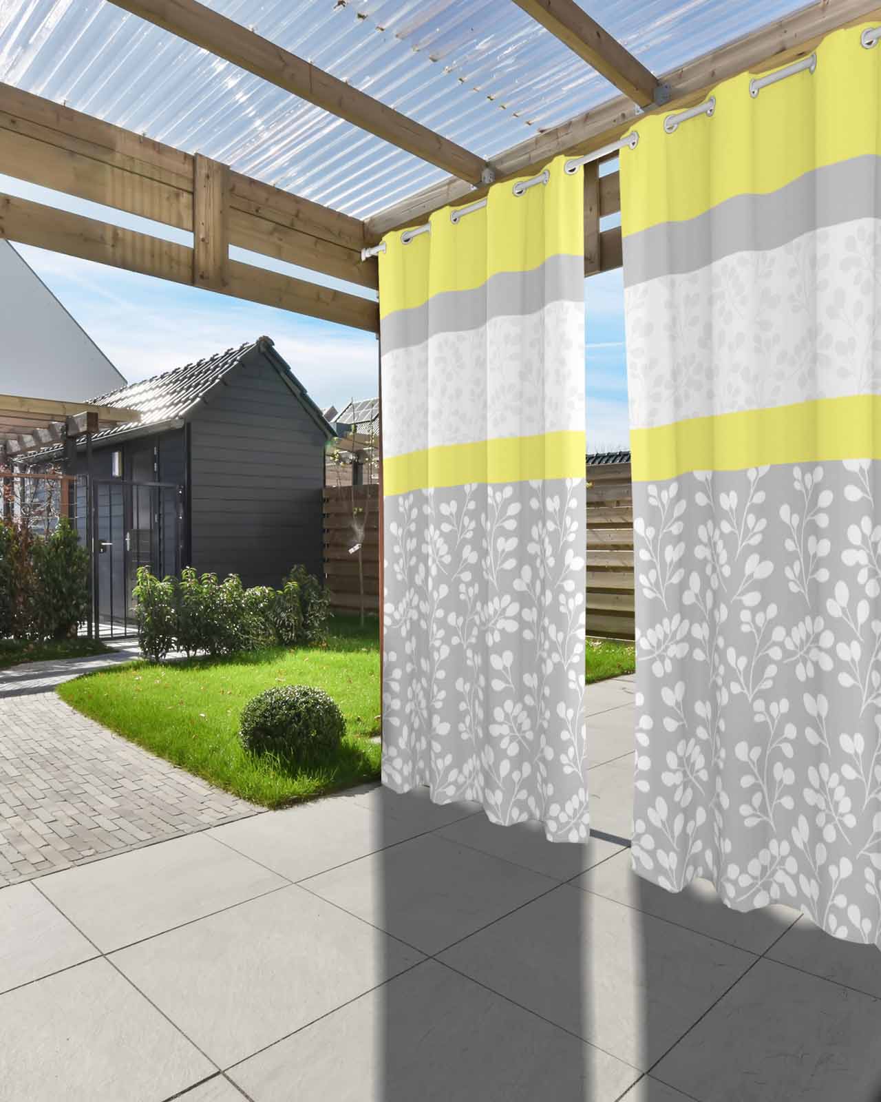 Yellow Grey Outdoor Curtains for Patio, Chic Garden Floral Stripe Embroidery Design Privacy Drapes Grommet Waterproof Outside Curtains for Porch/Cabana/Balcony 54"x 108", 1 Panel