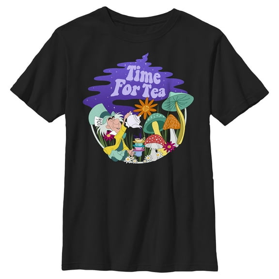 Boy's Alice in Wonderland Mad Hatter Time for Tea Graphic Tee Black X Large