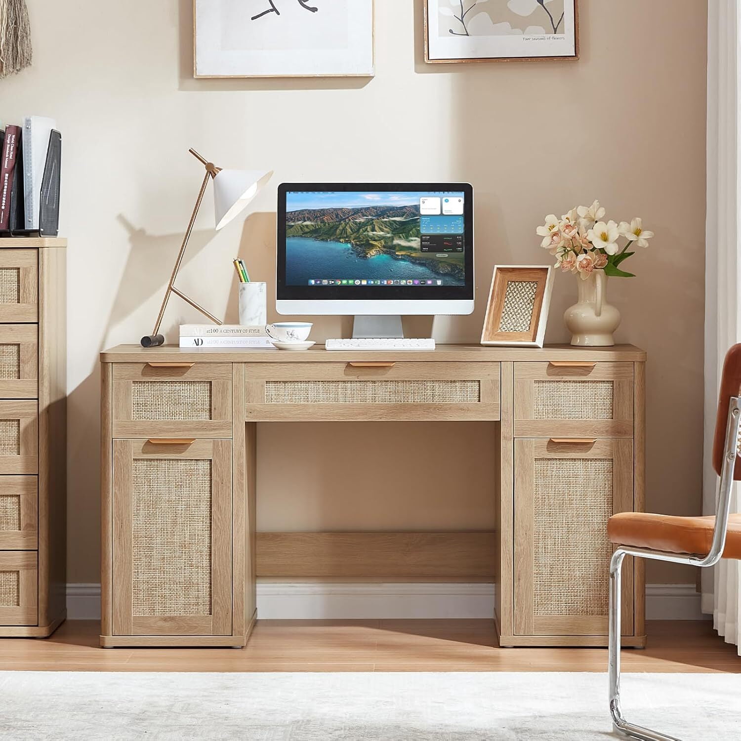 LEYAOYAO Office Desk 56" with 5 Drawers Storage File Cabinet Rattan Wood Desk for Computer Office Bedroom Home Furniture Natural Oak