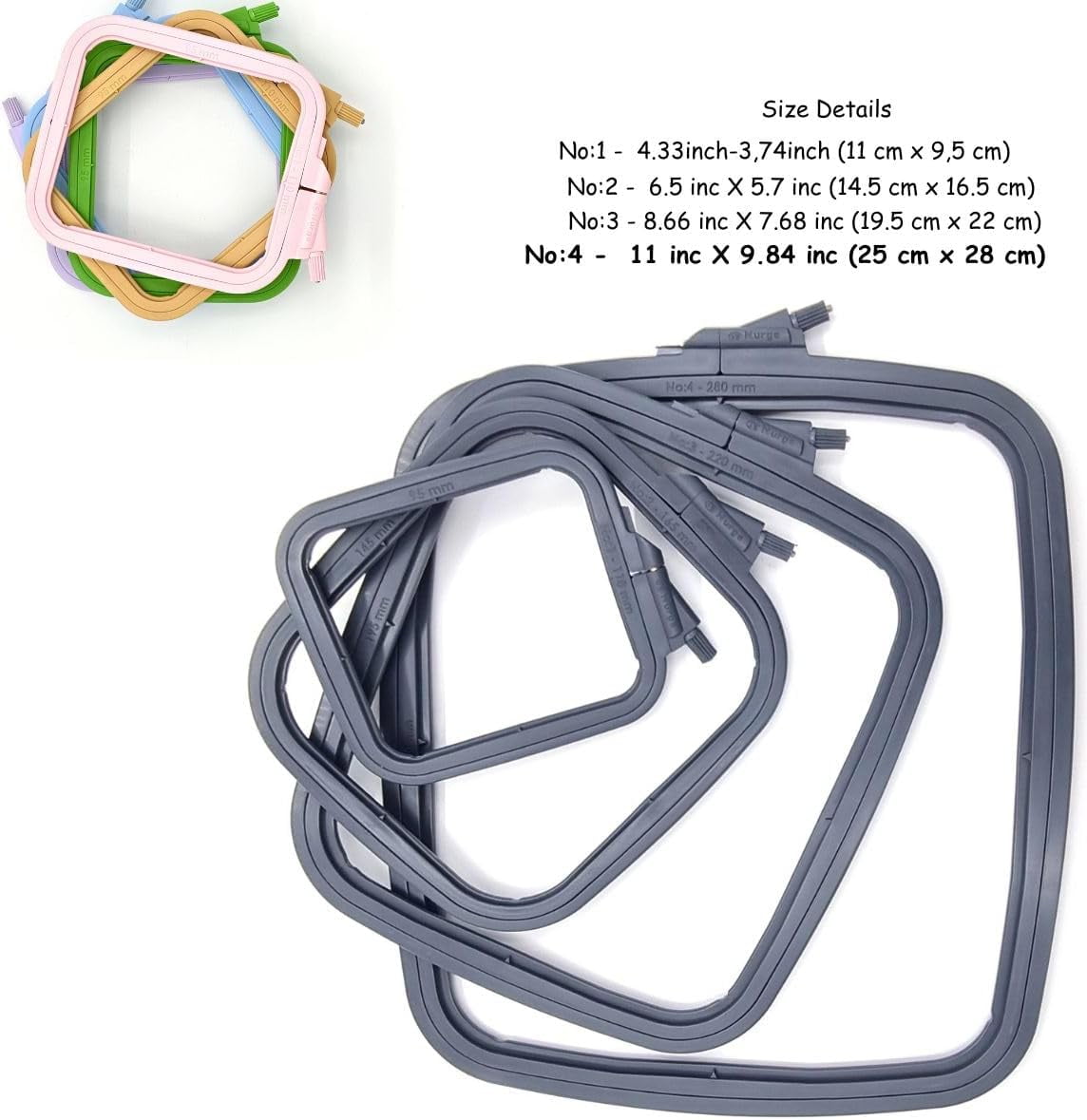 NURGE Anthracite 4 Pcs Set – Square Embroidery Hoops, ABS Plastic Embroidery Frames for Cross Stitch Hoops, Sewing Projects, Needlework, Embroidery Projects, DIY Crafts, Fabric Holders (Multi-Size)
